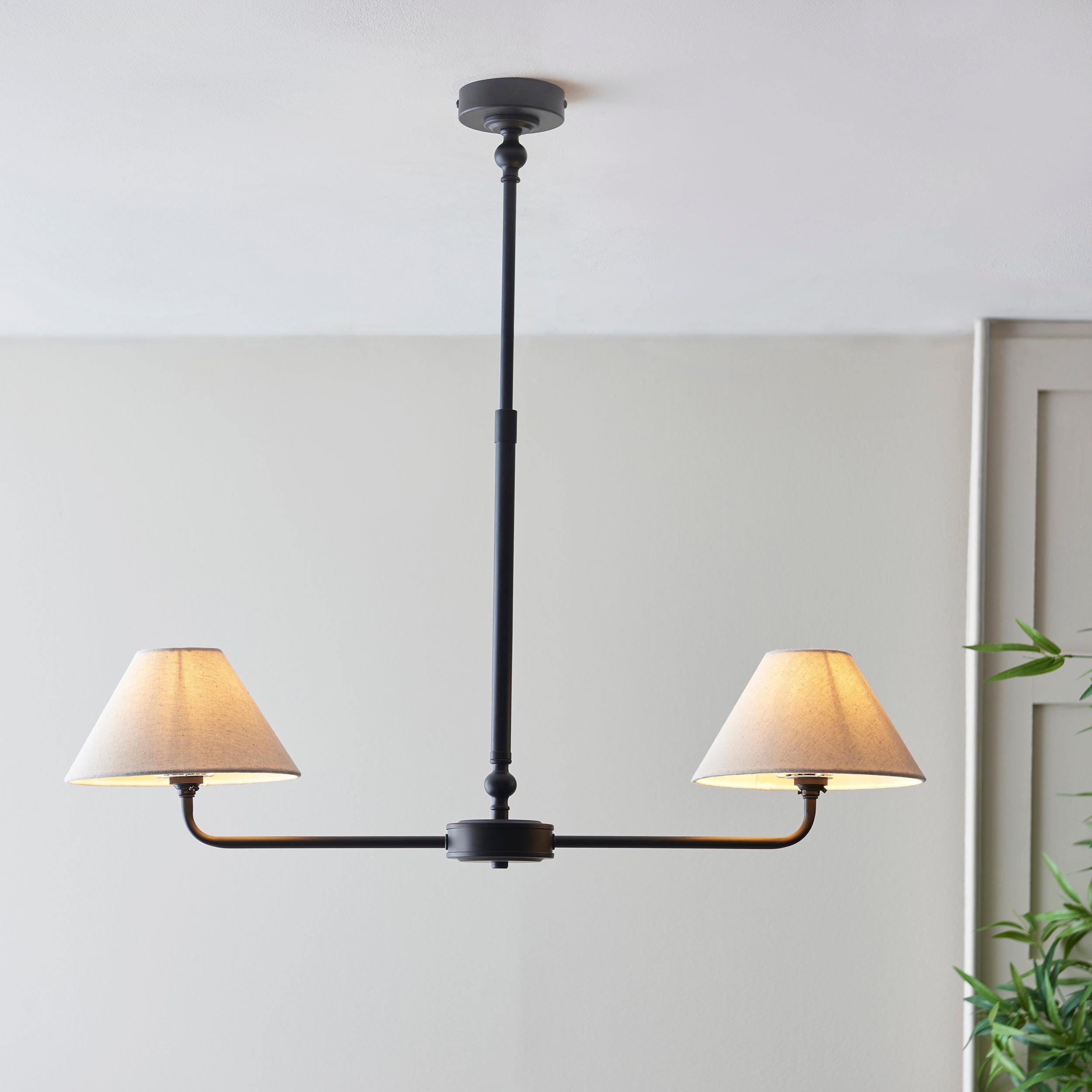Endon Lille 2 Light Linear Pendant - Matt Black & Natural Faux Linen