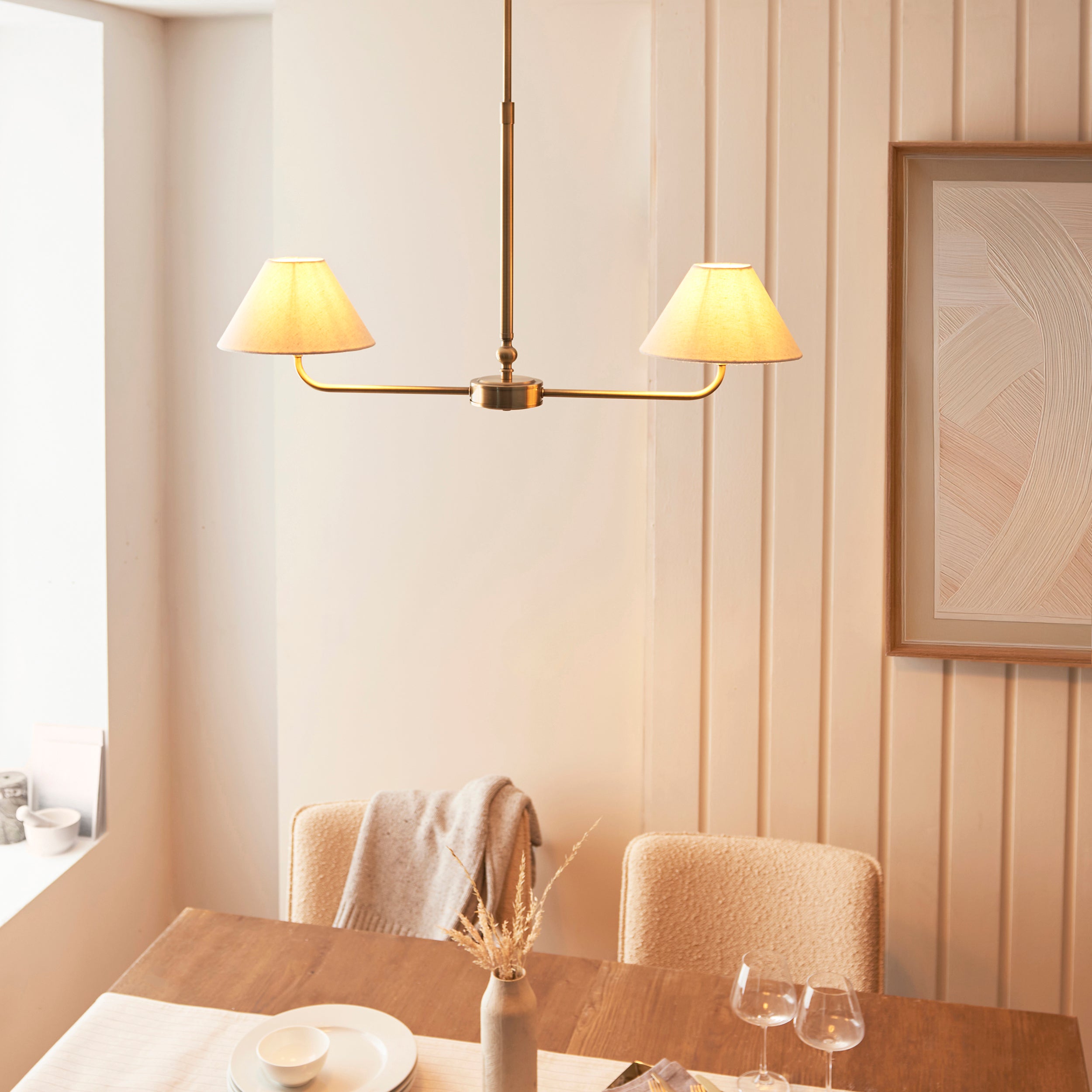 Endon Lille 2 Light Linear Pendant - Antique Brass Plate & Natural Faux Linen