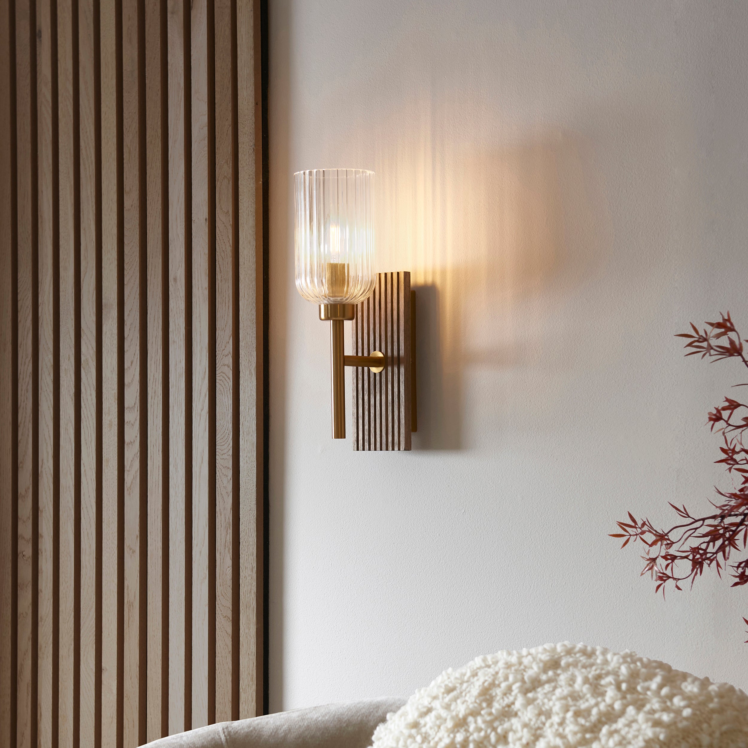 Endon Grove Wall Light - Dark Beechwood & Vintage Brass With Clear Ribbed Glass