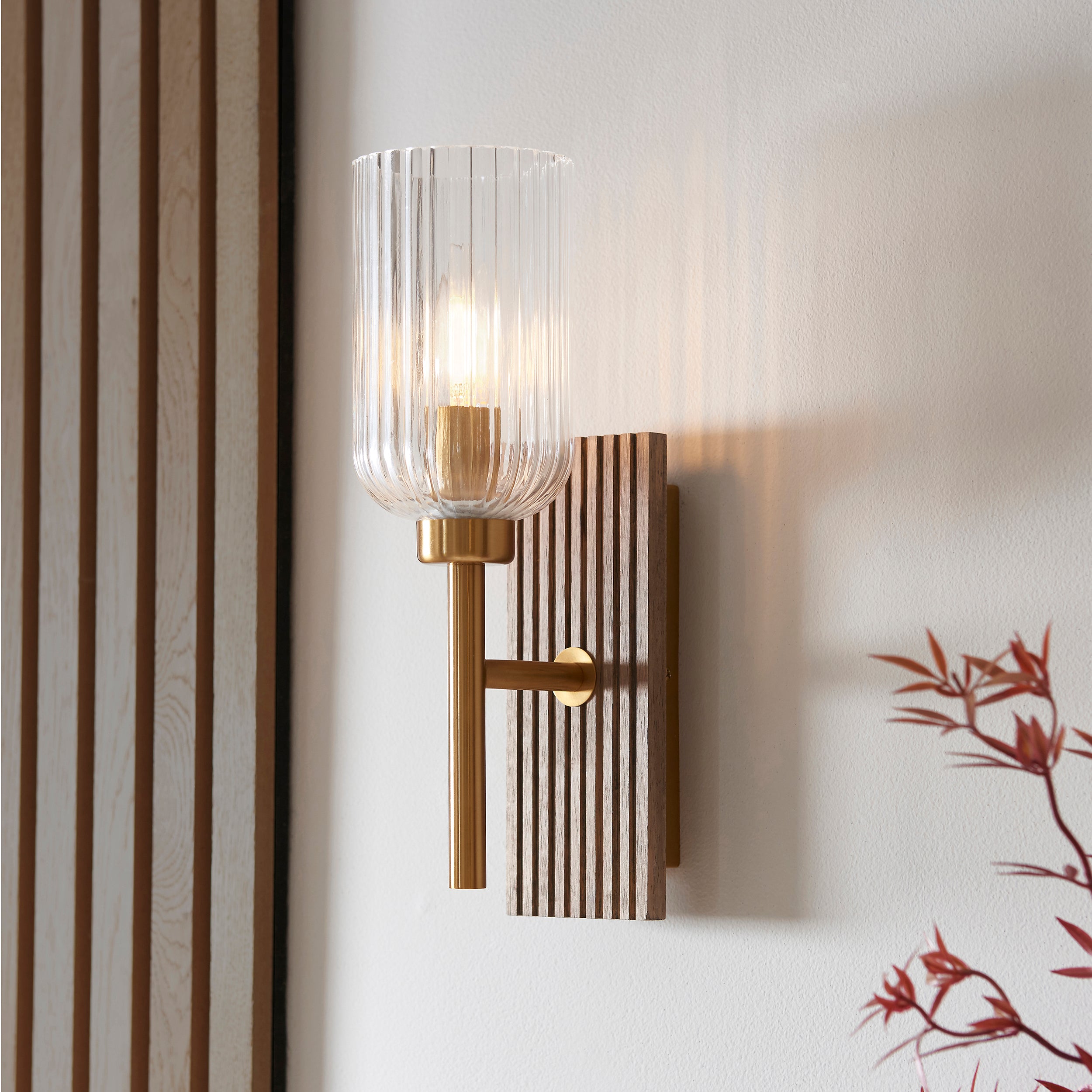 Endon Grove Wall Light - Dark Beechwood & Vintage Brass With Clear Ribbed Glass