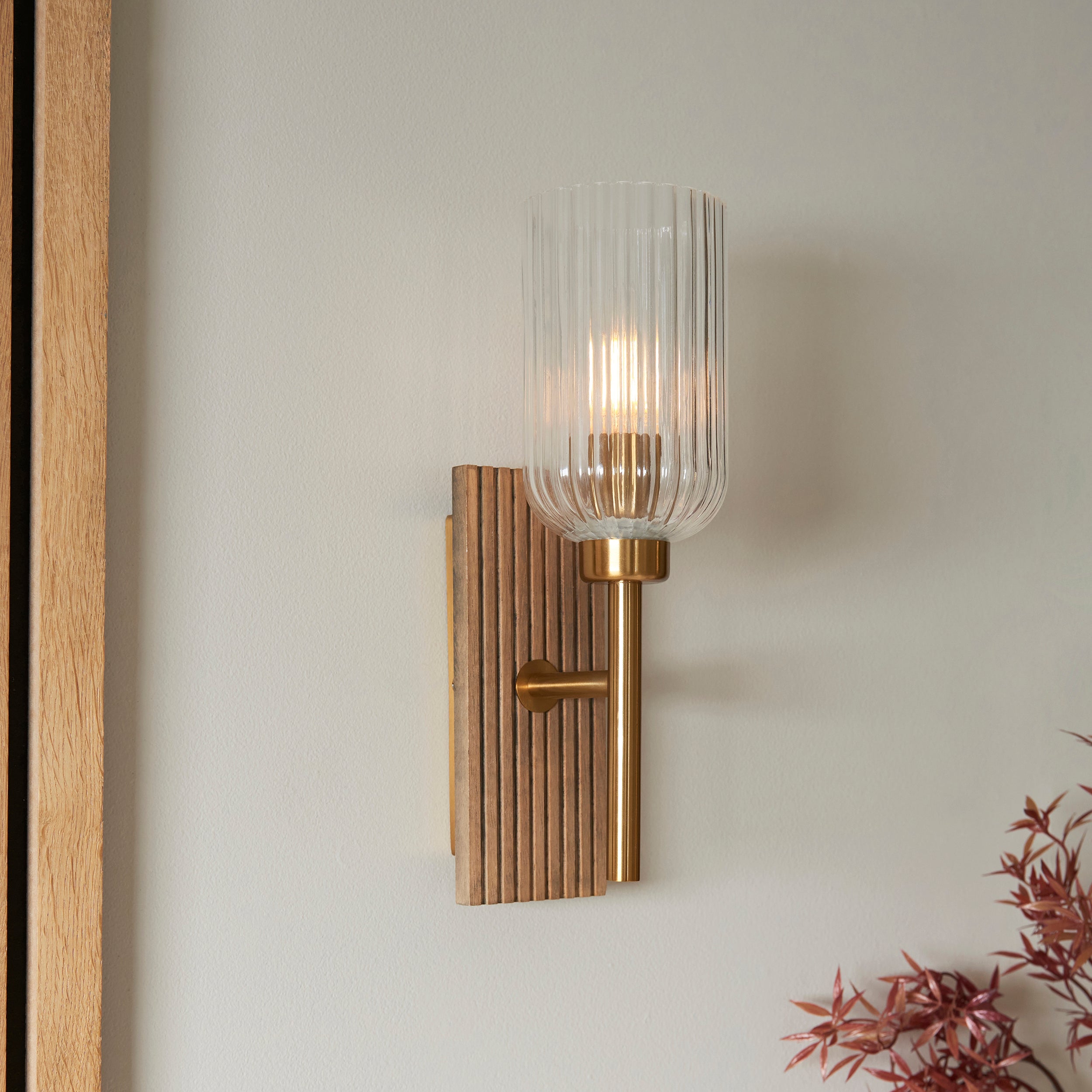 Endon Grove Wall Light - Dark Beechwood & Vintage Brass With Clear Ribbed Glass