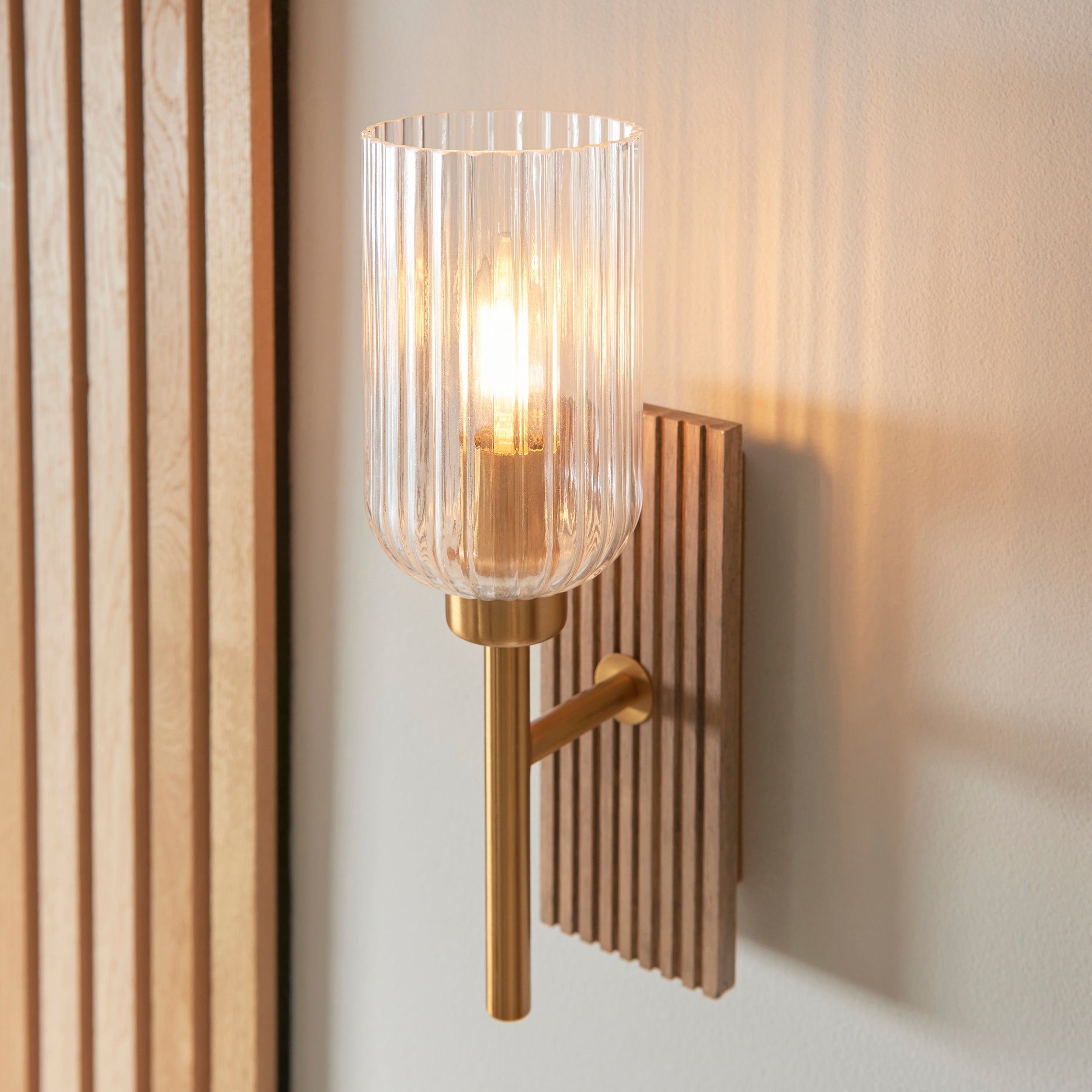 Endon Grove Wall Light - Dark Beechwood & Vintage Brass With Clear Ribbed Glass