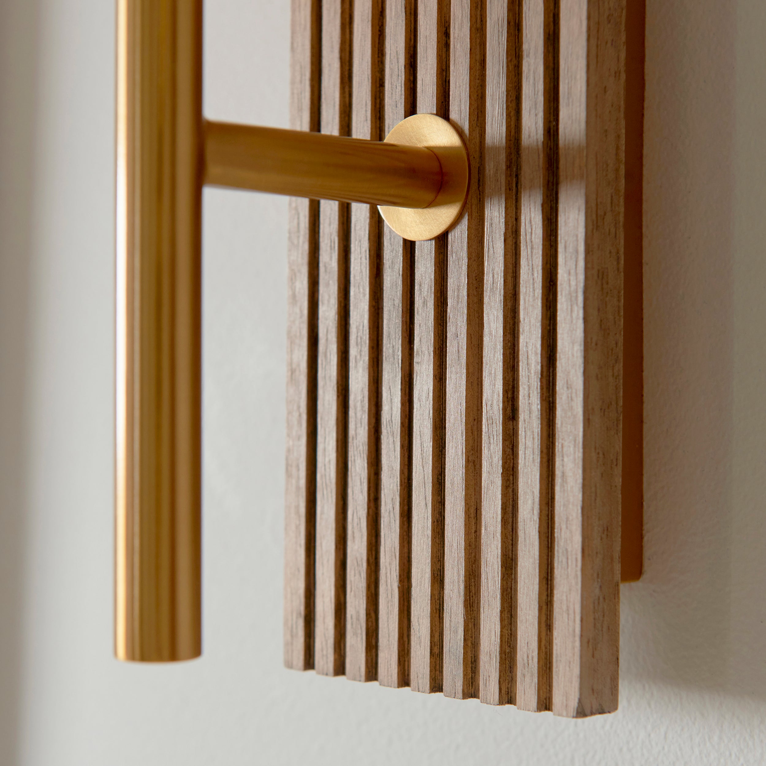 Endon Grove Wall Light - Dark Beechwood & Vintage Brass With Clear Ribbed Glass
