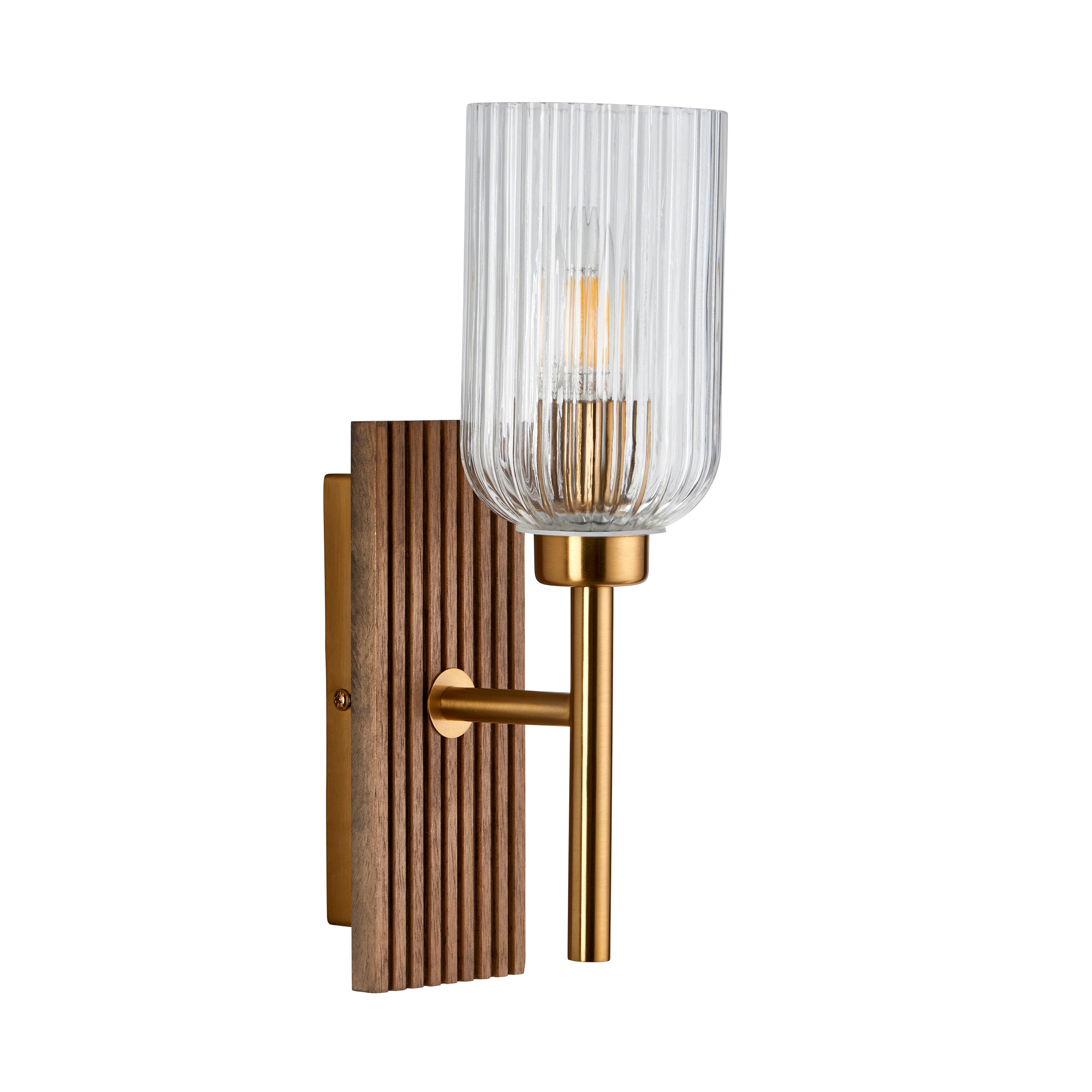 Endon Grove Wall Light - Dark Beechwood & Vintage Brass With Clear Ribbed Glass