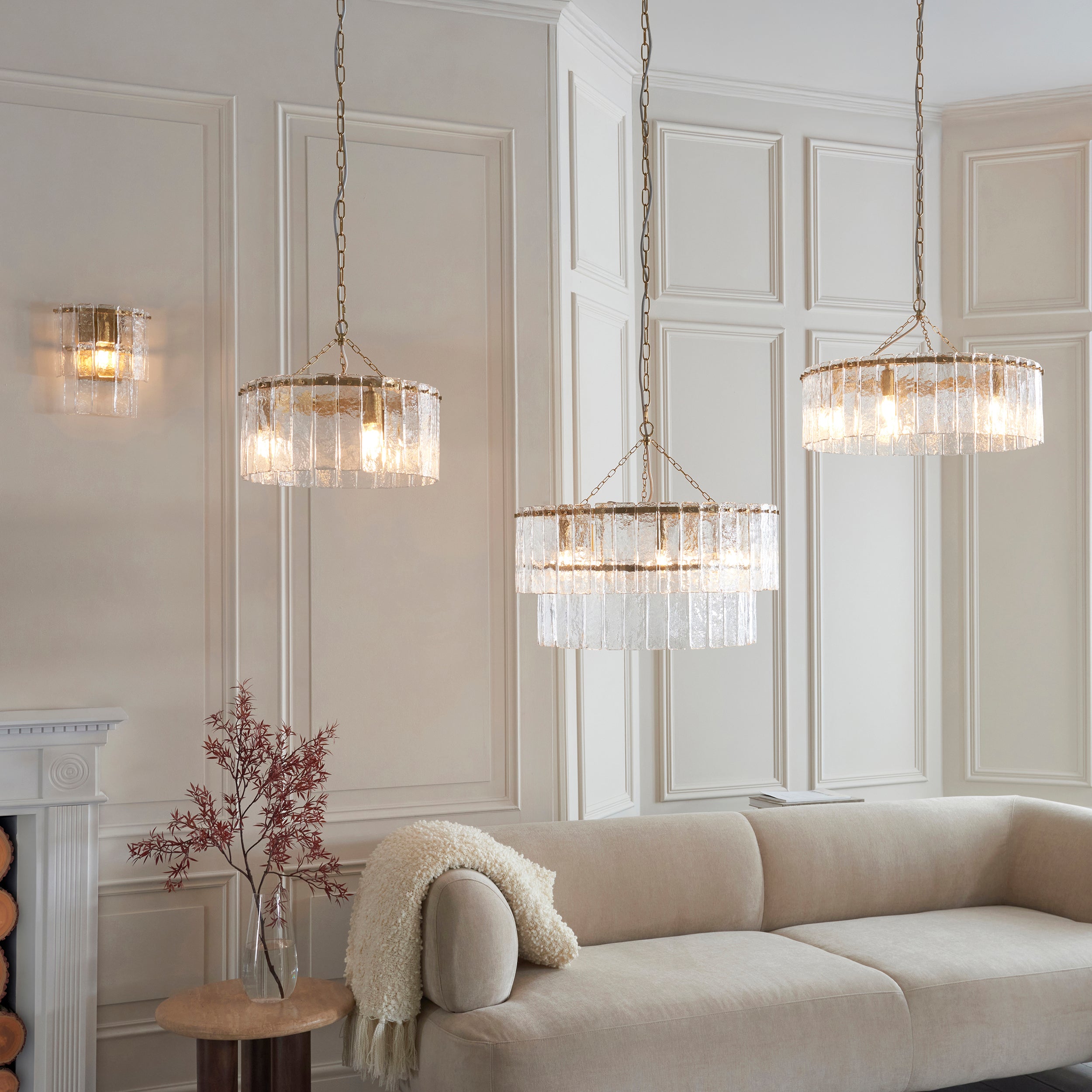 Endon Karine 3 Light Pendant - Brushed Aged Brass Plate & Clear Handmade Textured Glass
