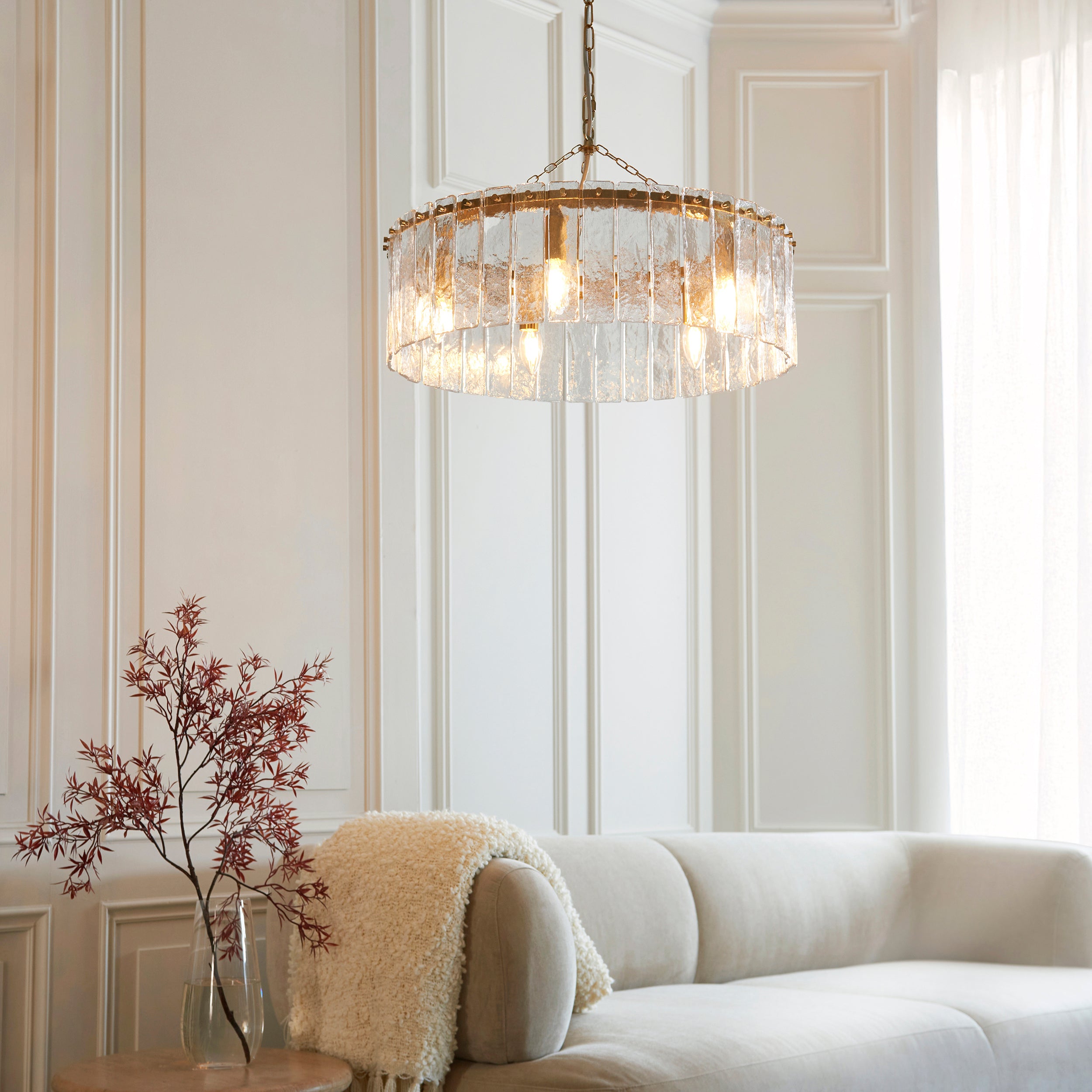 Endon Karine 5 Light Pendant - Brushed Aged Brass Plate & Clear Handmade Textured Glass
