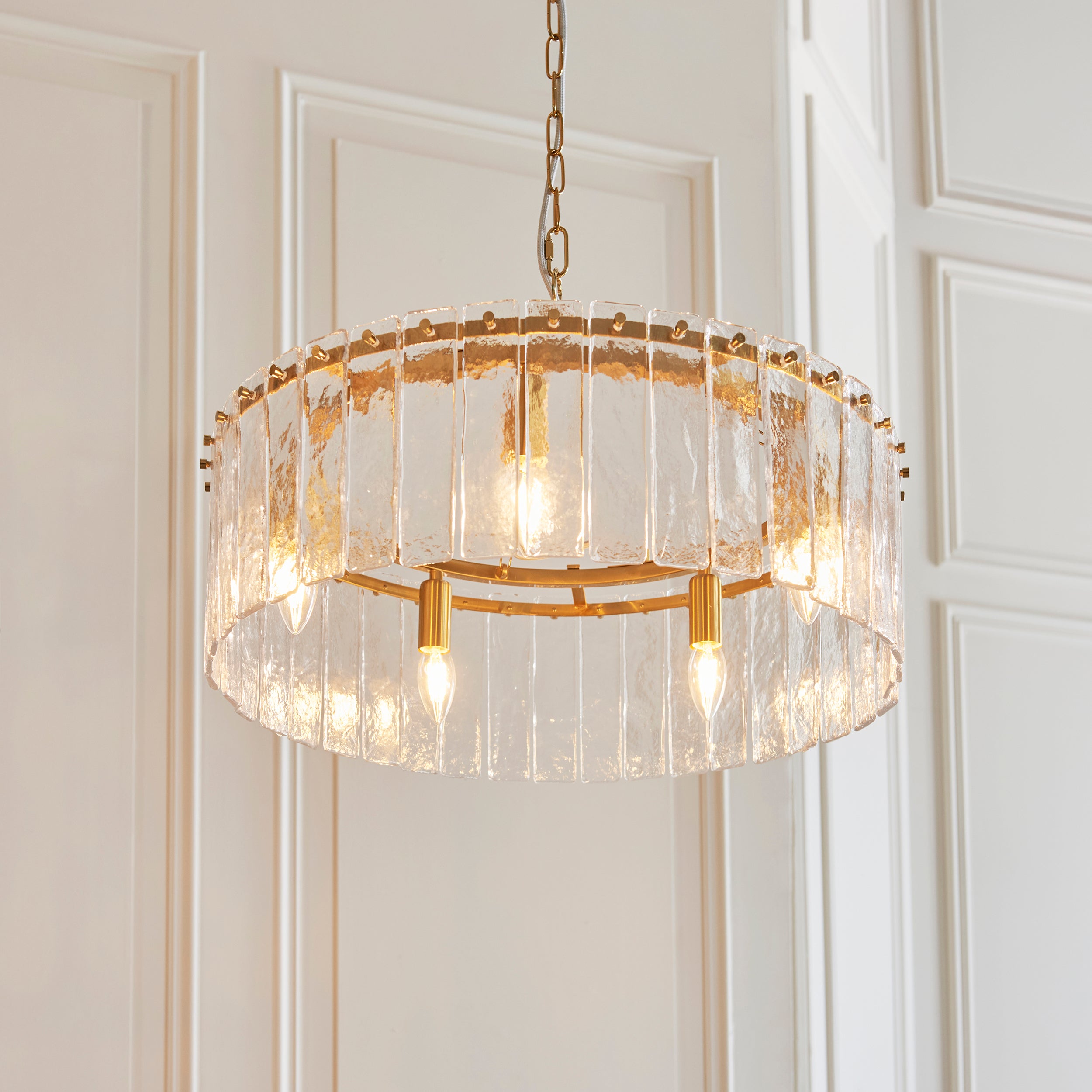 Endon Karine 5 Light Pendant - Brushed Aged Brass Plate & Clear Handmade Textured Glass