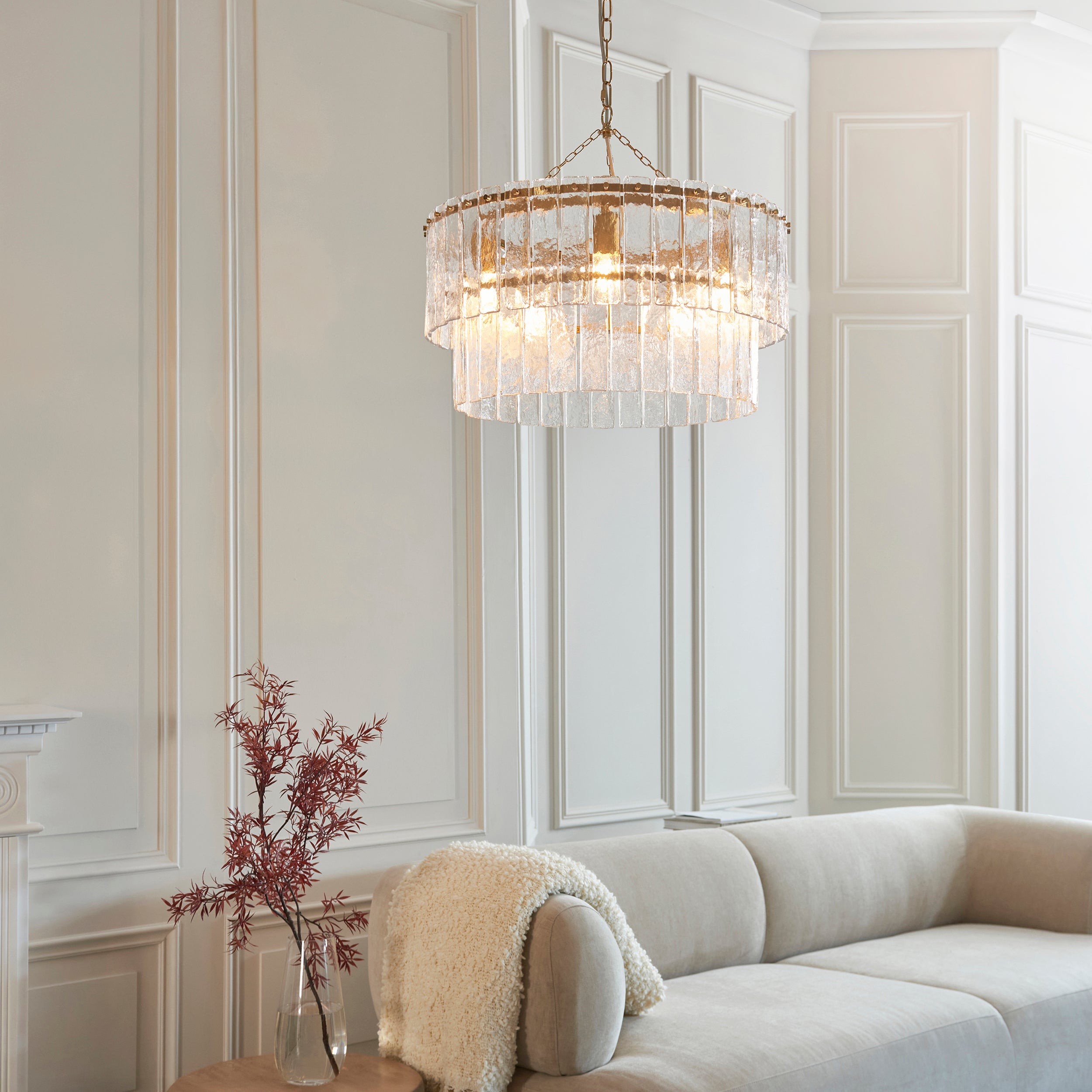 Endon Karine 5 Light Tiered Pendant - Brushed Aged Brass Plate & Clear Handmade Textured Glass