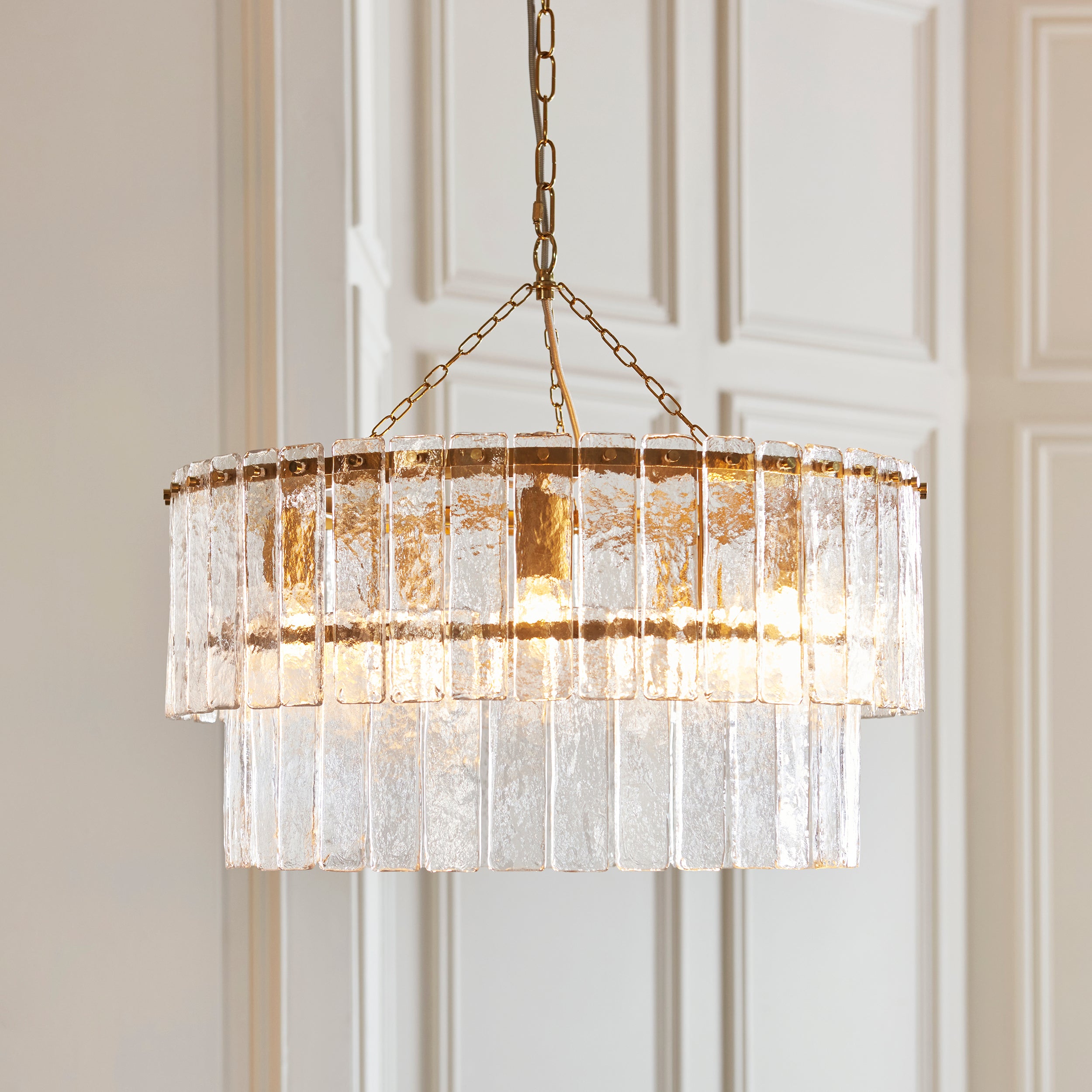 Endon Karine 5 Light Tiered Pendant - Brushed Aged Brass Plate & Clear Handmade Textured Glass