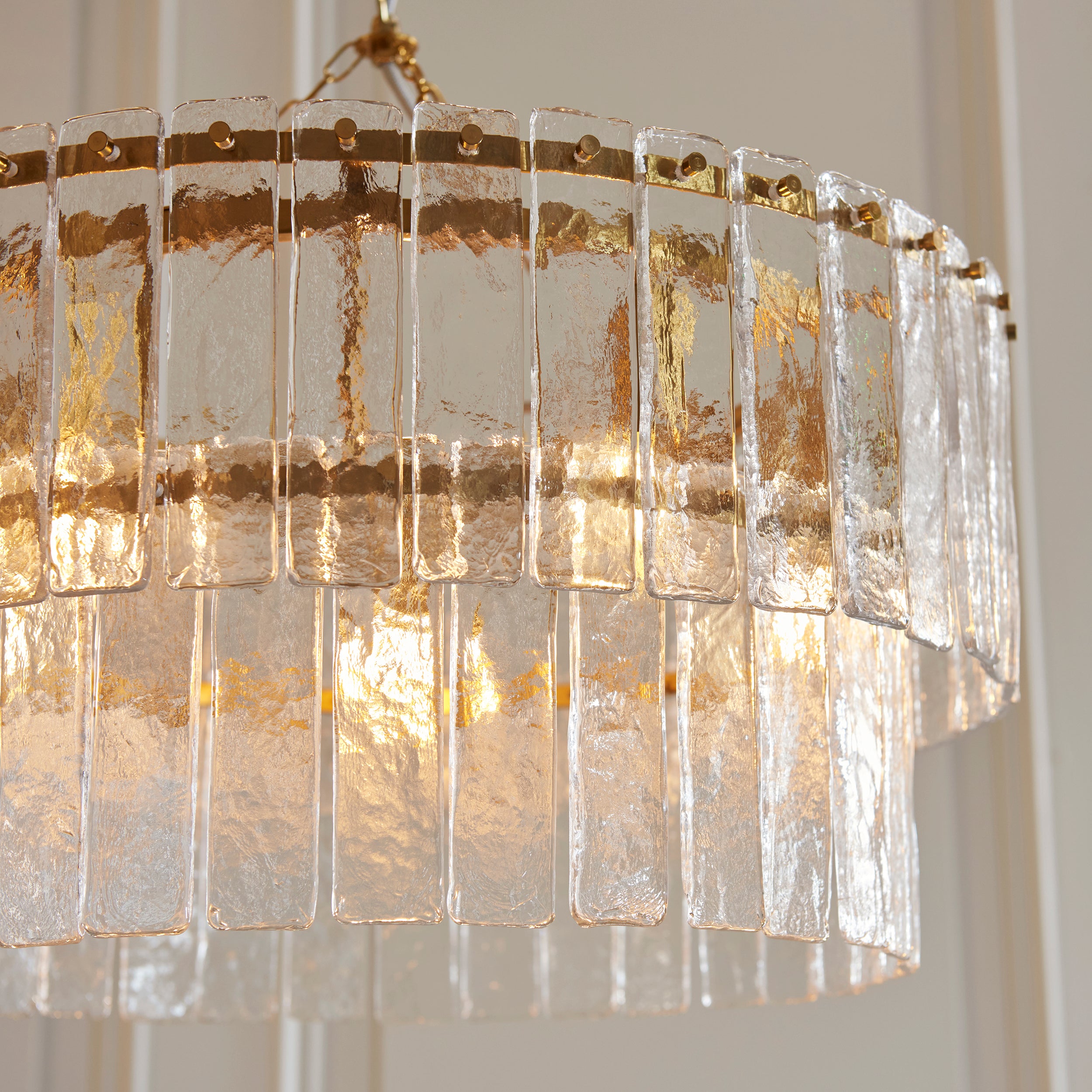 Endon Karine 5 Light Tiered Pendant - Brushed Aged Brass Plate & Clear Handmade Textured Glass