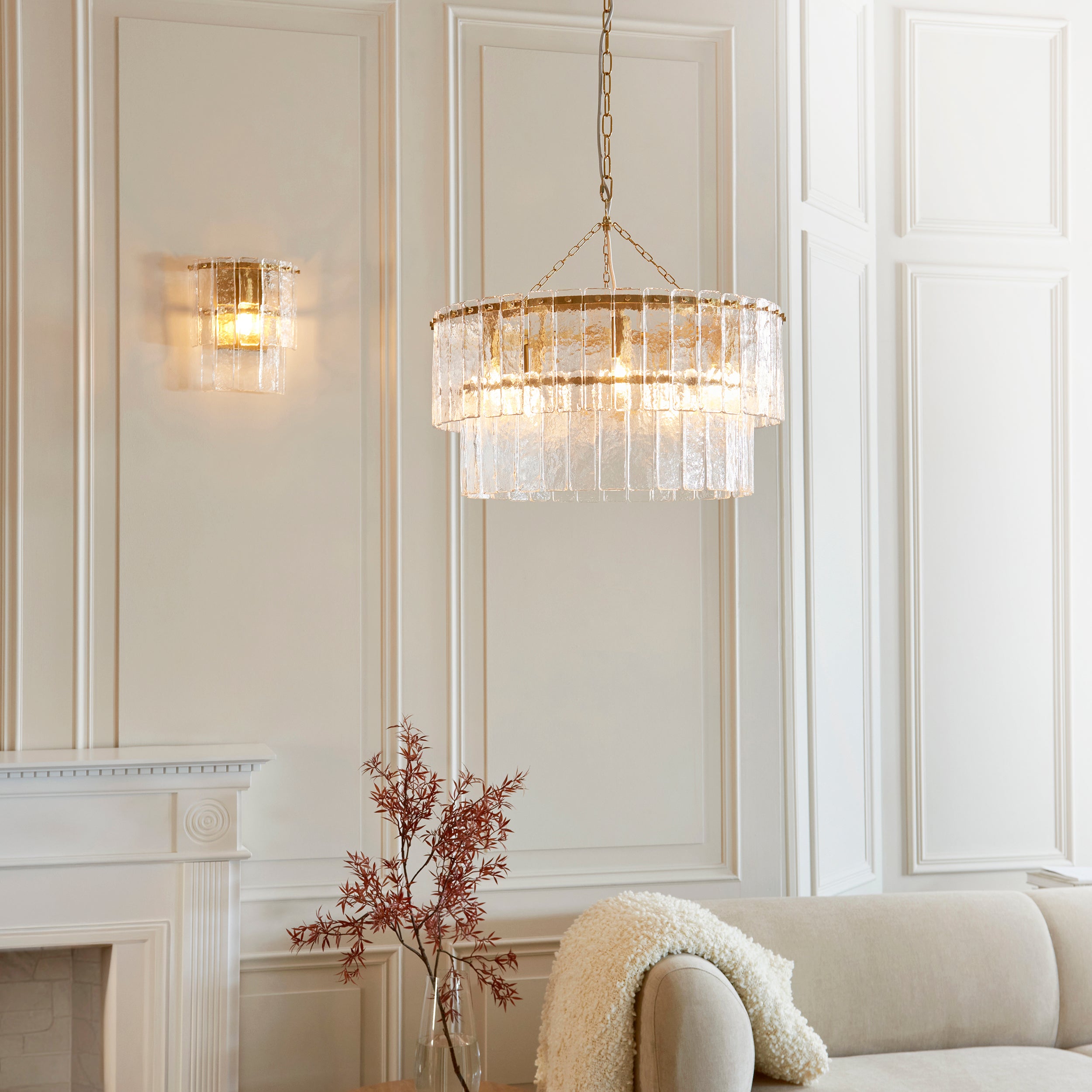 Endon Karine 5 Light Tiered Pendant - Brushed Aged Brass Plate & Clear Handmade Textured Glass