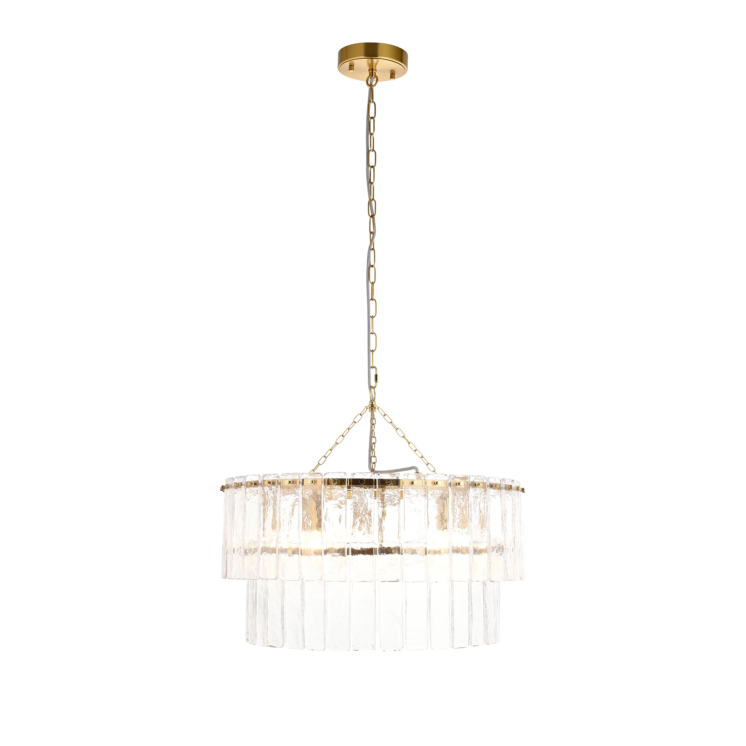 Endon Karine 5 Light Tiered Pendant - Brushed Aged Brass Plate & Clear Handmade Textured Glass