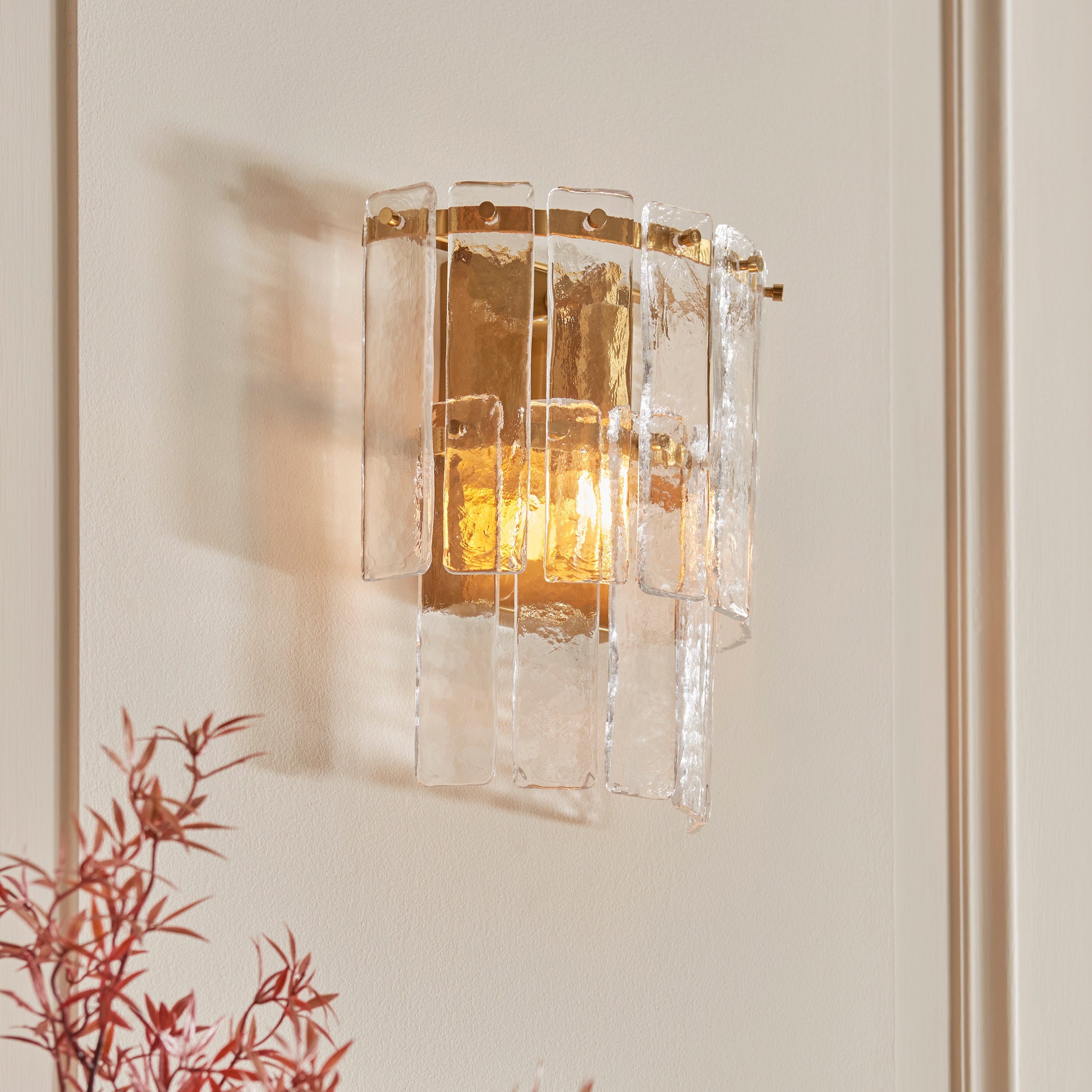 Endon Karine Wall Light - Brushed Aged Brass Plate & Clear Handmade Textured Glass