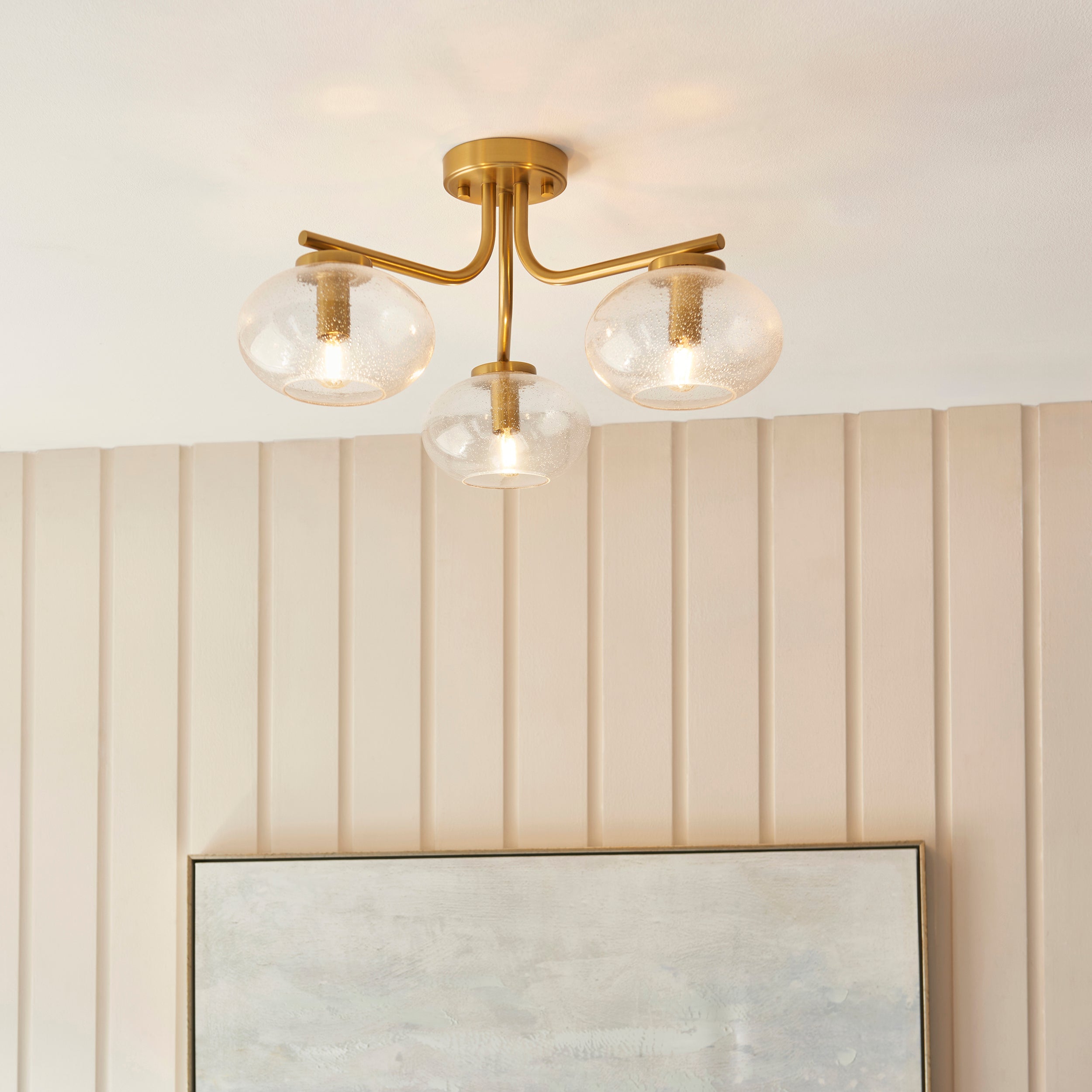 Endon Jacob 3 Light Semi Flush Ceiling Light - Warm Brass Plate & Clear Bubble Glass