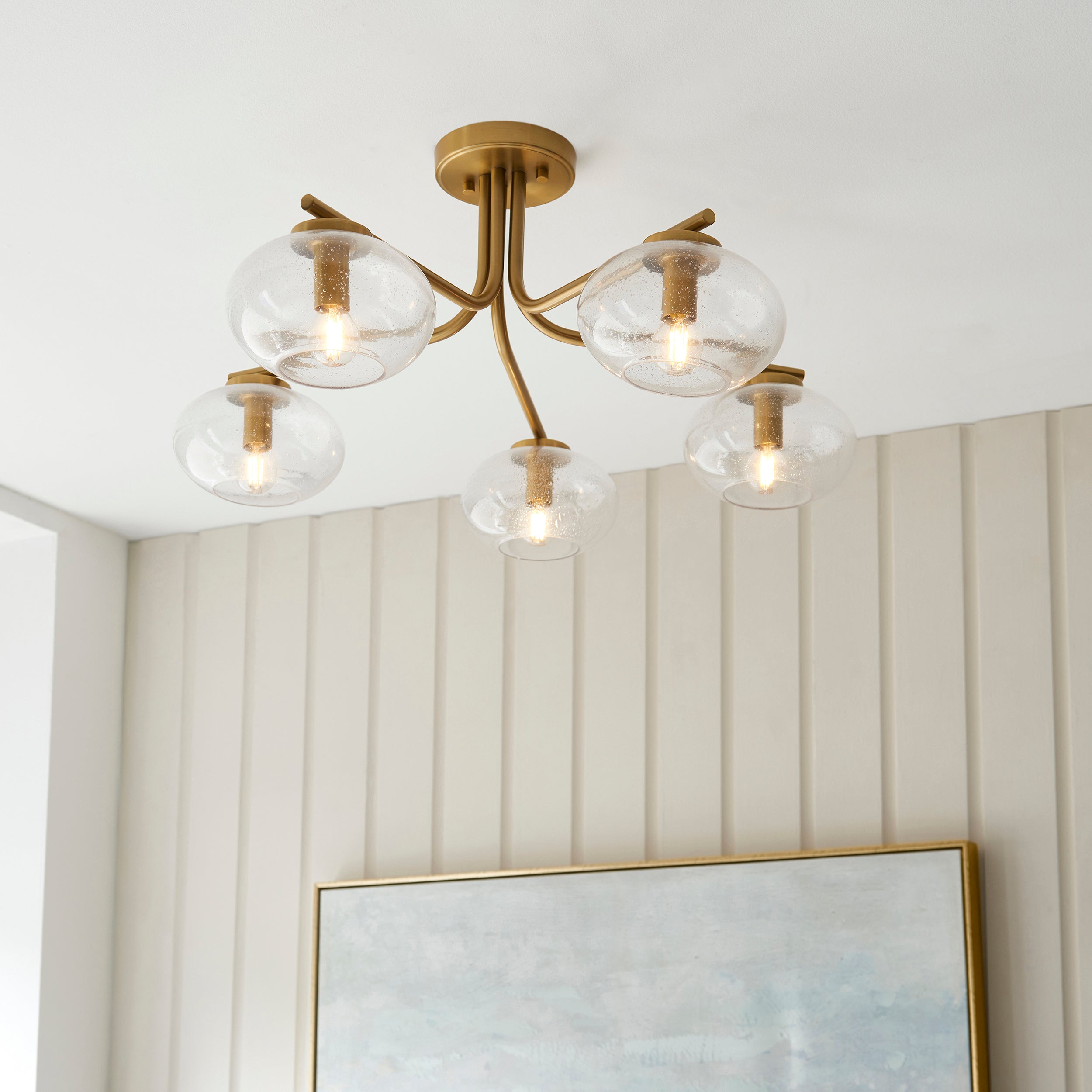 Endon Jacob 5 Light Semi Flush Ceiling Light - Warm Brass Plate & Clear Bubble Glass