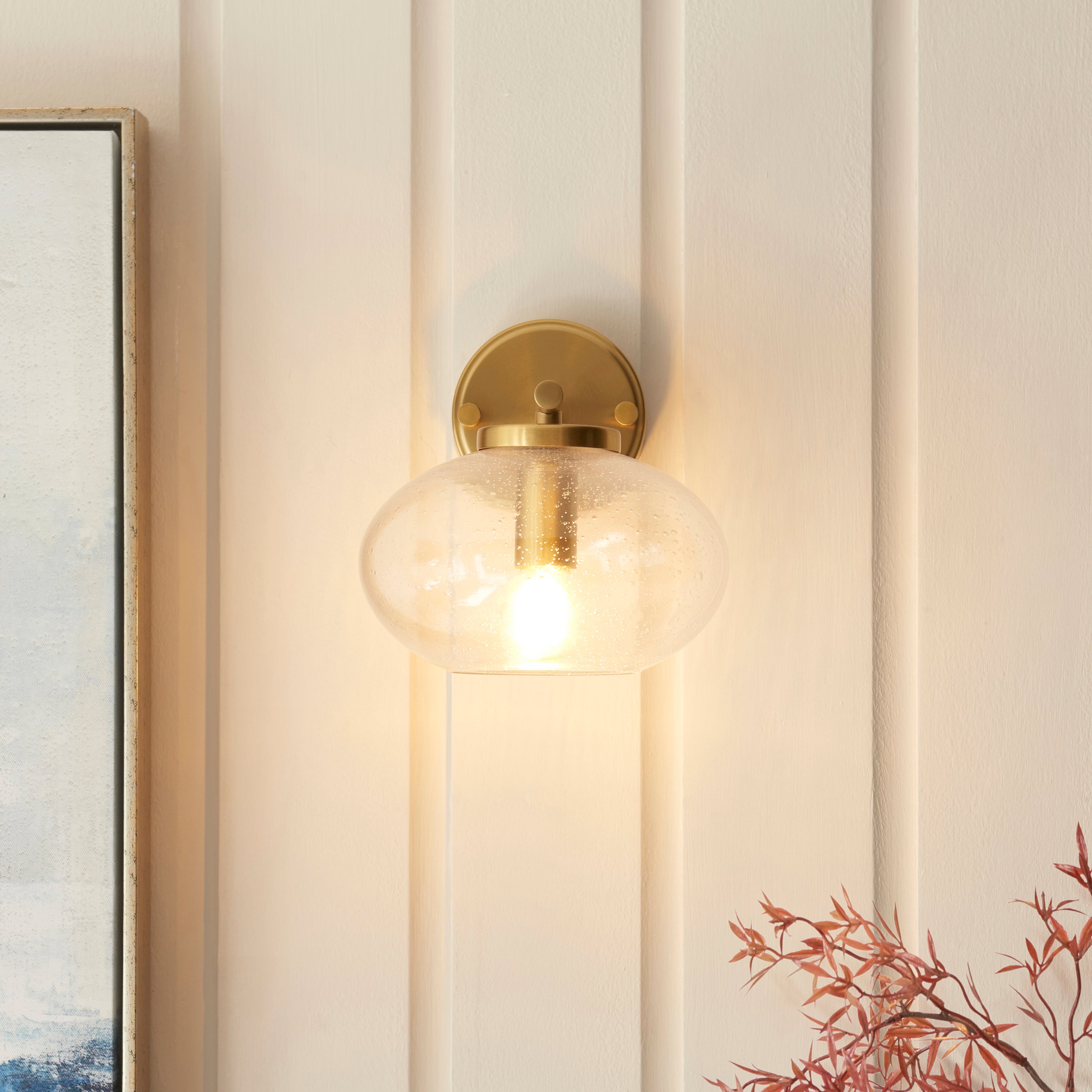 Endon Jacob Wall Light - Warm Brass Plate & Clear Bubble Glass