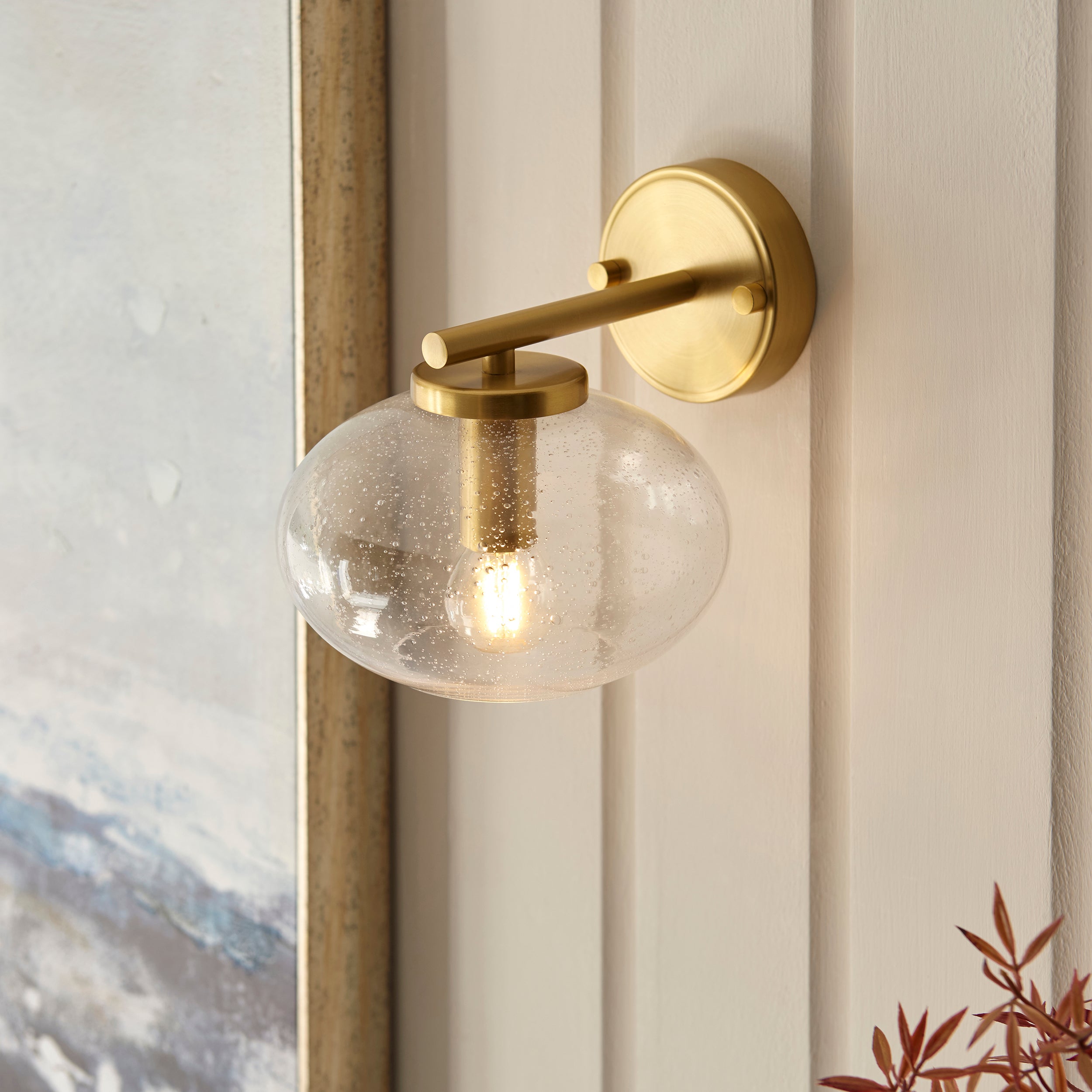 Endon Jacob Wall Light - Warm Brass Plate & Clear Bubble Glass