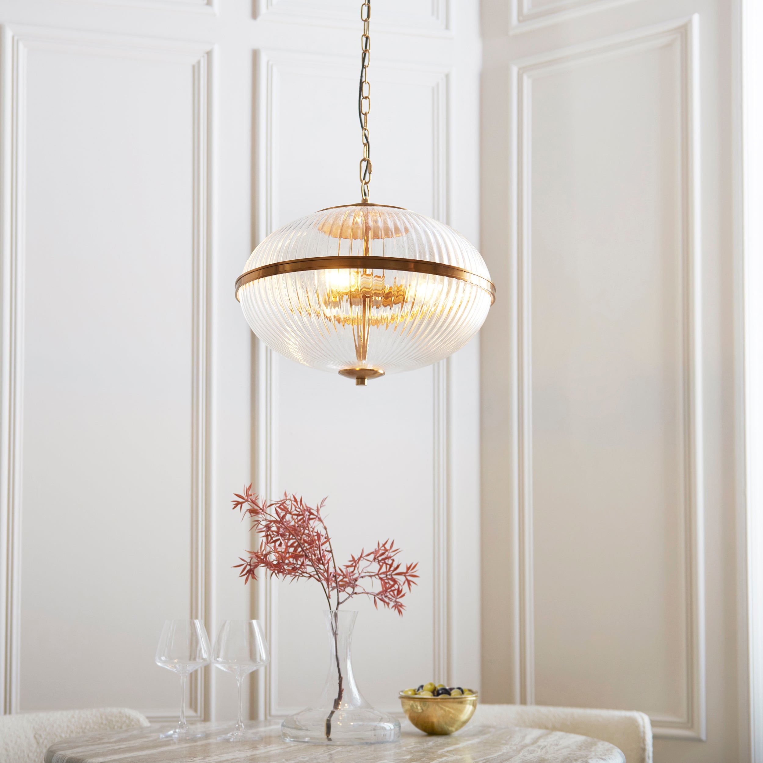 Endon Somerset 3 Light Pendant - Vintage Brass Finish & Clear Ribbed Glass