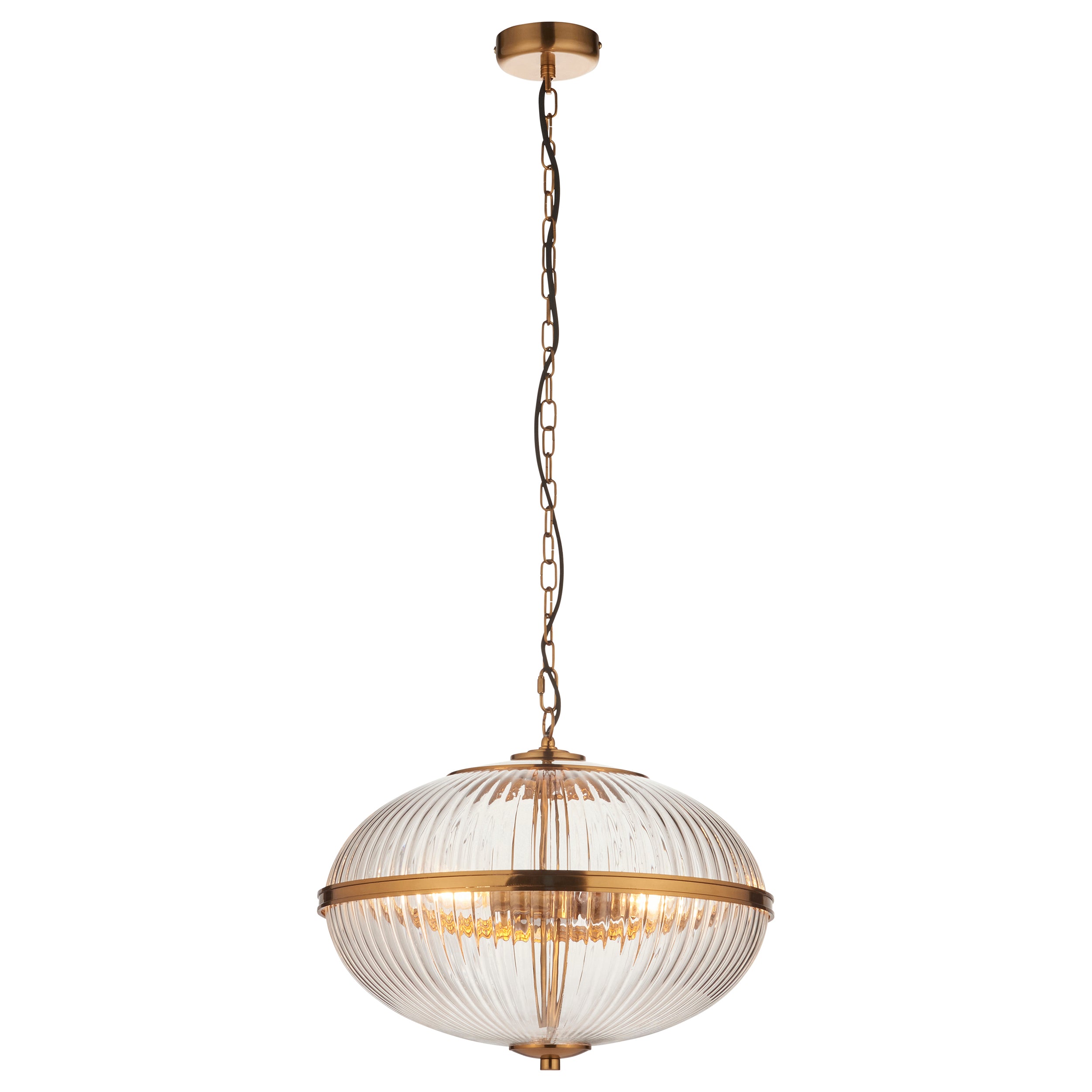Endon Somerset 3 Light Pendant - Vintage Brass Finish & Clear Ribbed Glass
