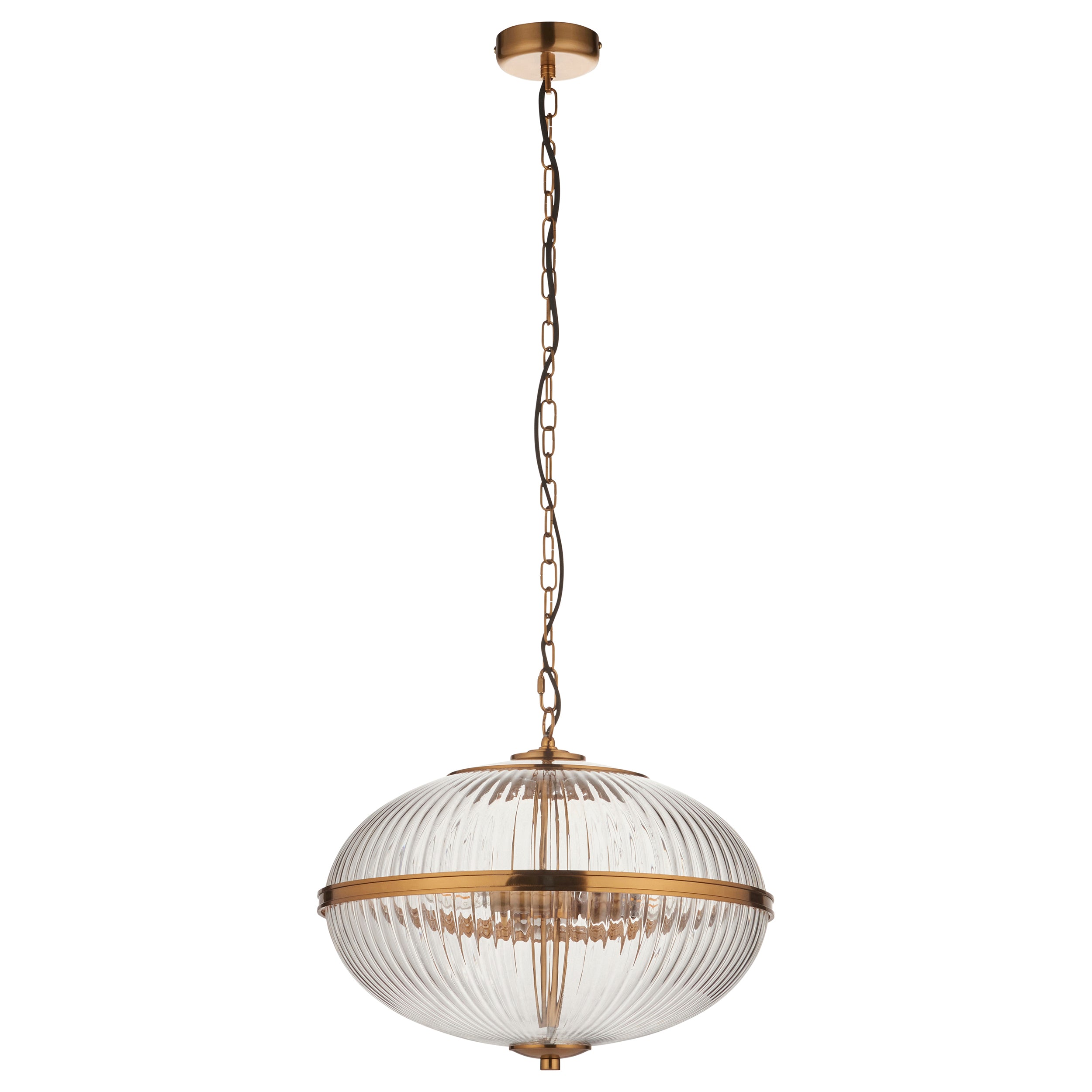 Endon Somerset 3 Light Pendant - Vintage Brass Finish & Clear Ribbed Glass