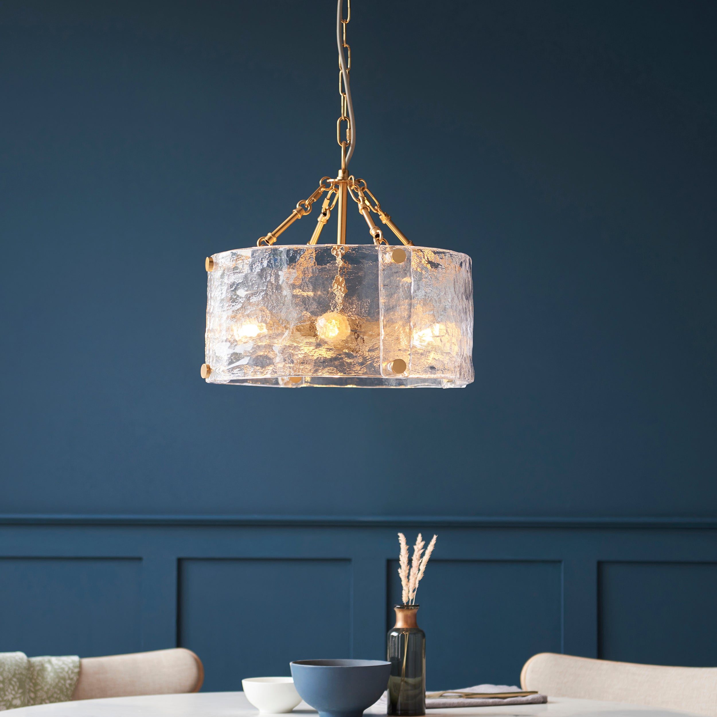 Endon Keller 4 Light Pendant - Brushed Aged Brass Plate & Handmade Textured Clear Glass