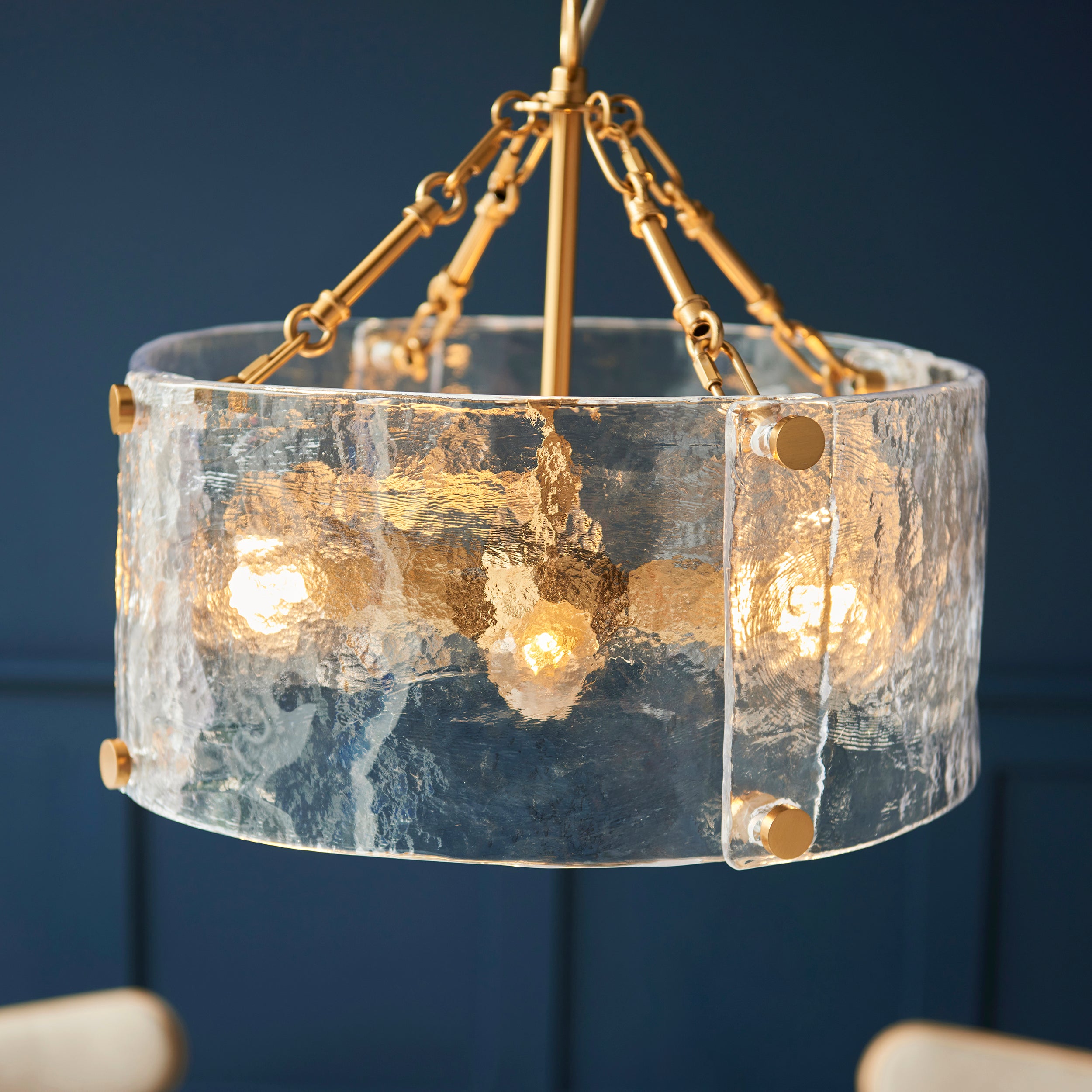 Endon Keller 4 Light Pendant - Brushed Aged Brass Plate & Handmade Textured Clear Glass
