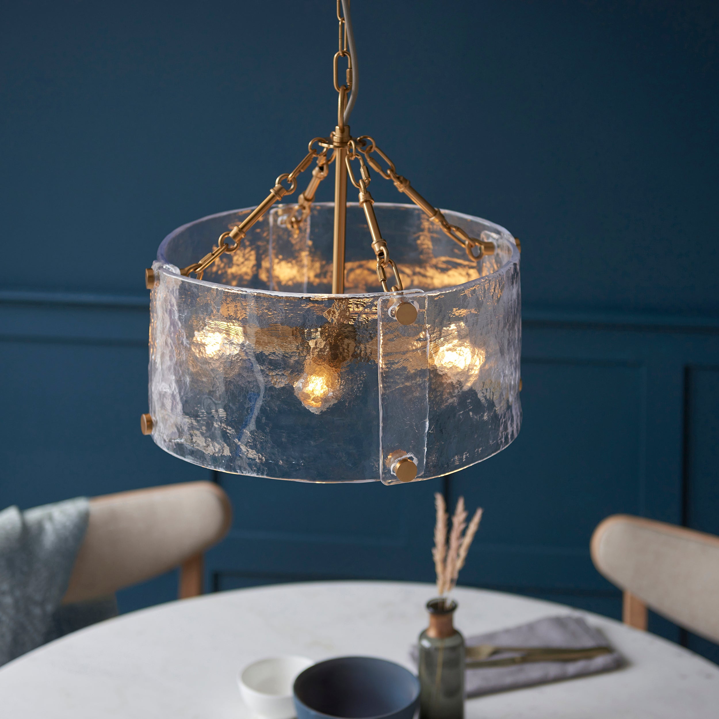 Endon Keller 4 Light Pendant - Brushed Aged Brass Plate & Handmade Textured Clear Glass