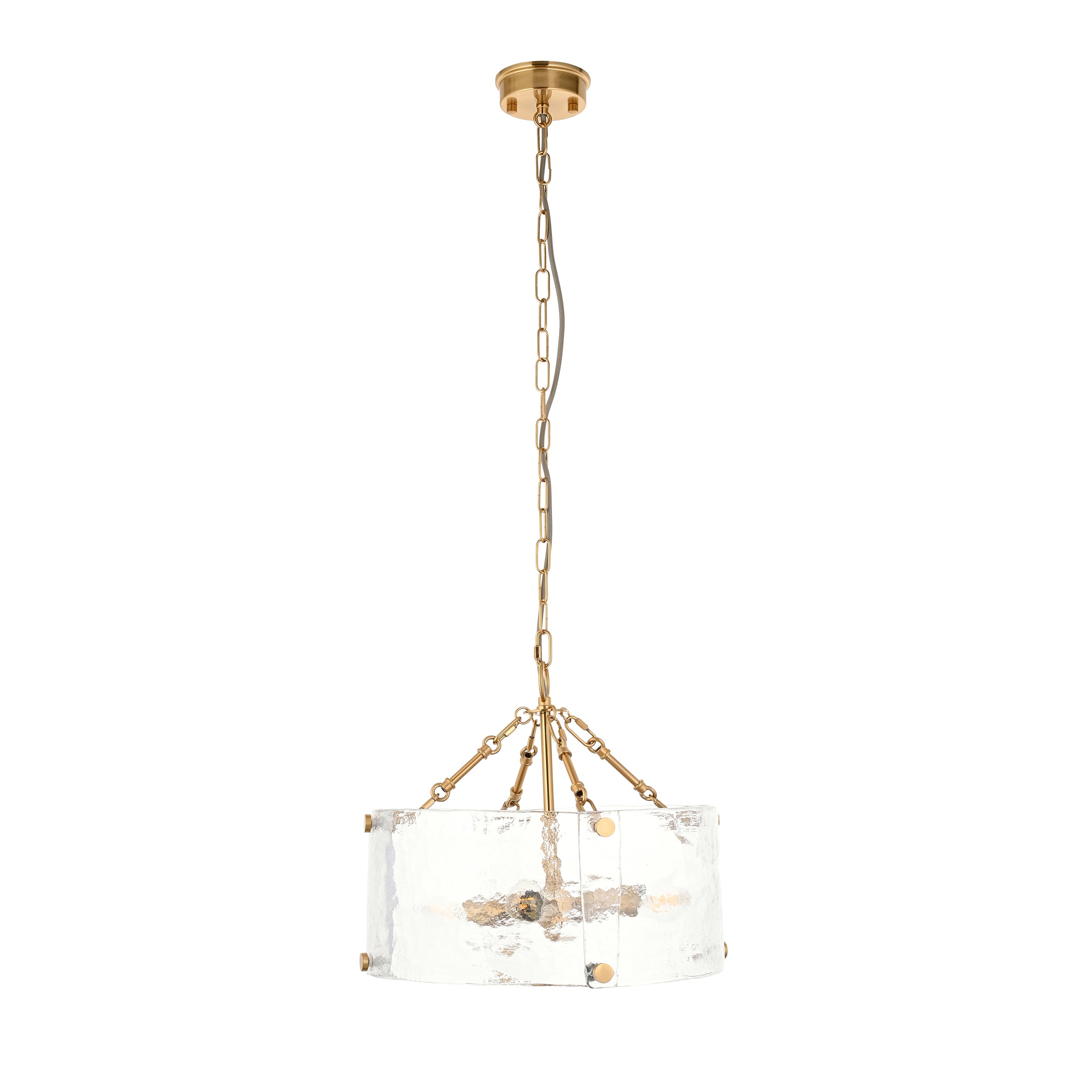 Endon Keller 4 Light Pendant - Brushed Aged Brass Plate & Handmade Textured Clear Glass