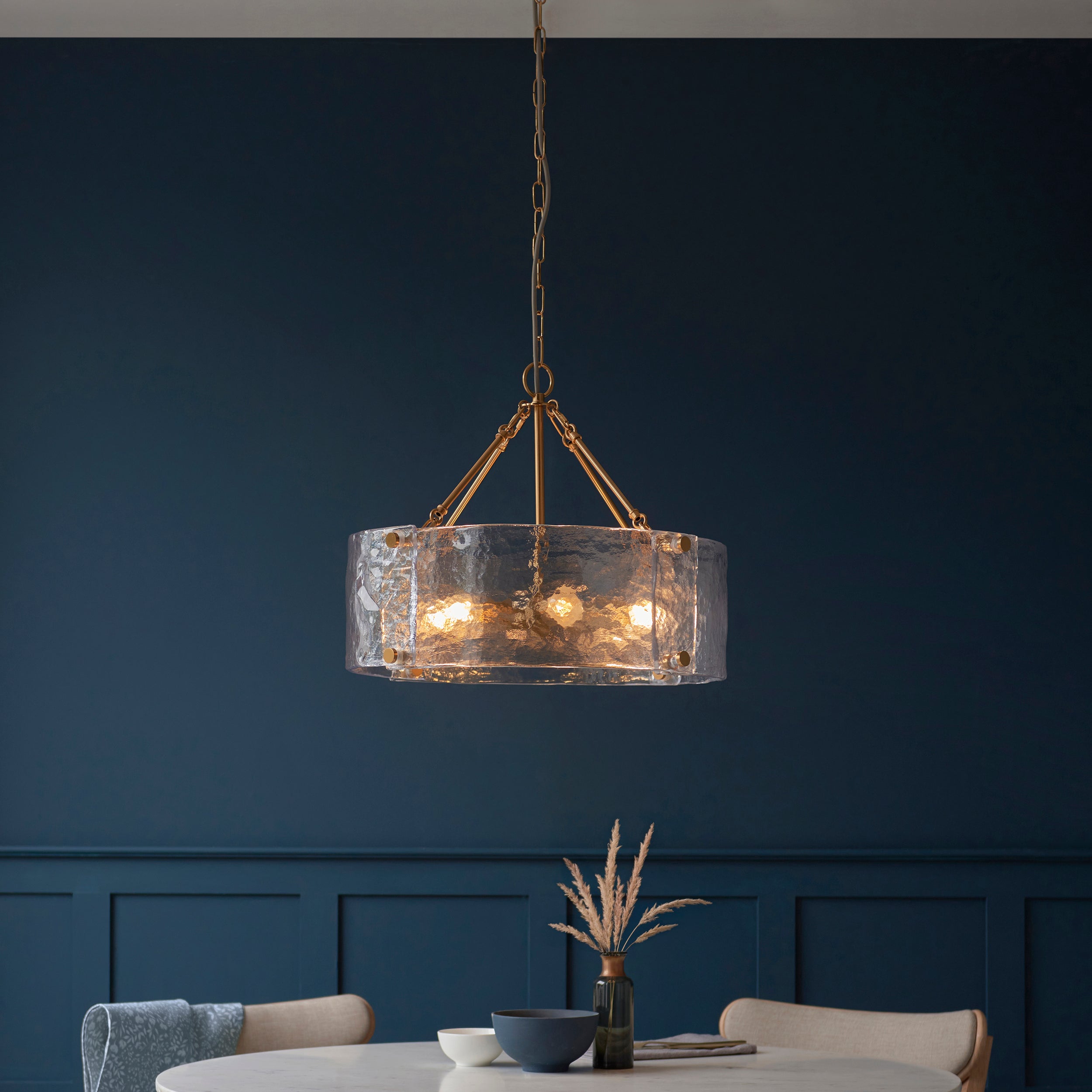 Endon Keller 6 Light Pendant - Brushed Aged Brass Plate & Handmade Textured Clear Glass