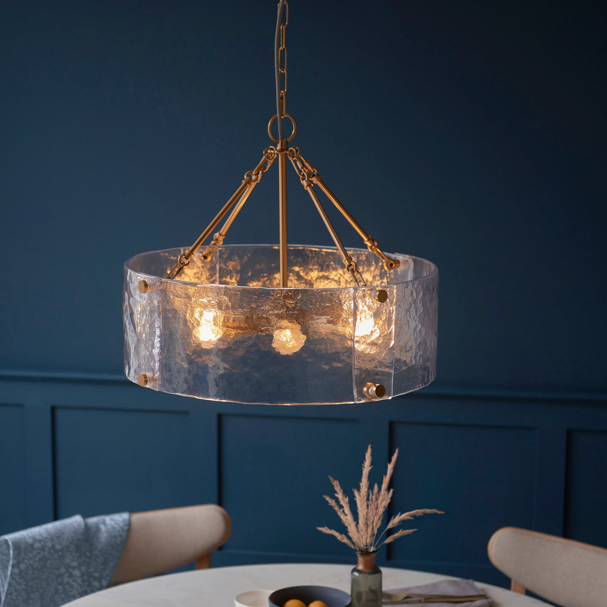 Endon Keller 6 Light Pendant - Brushed Aged Brass Plate & Handmade Textured Clear Glass