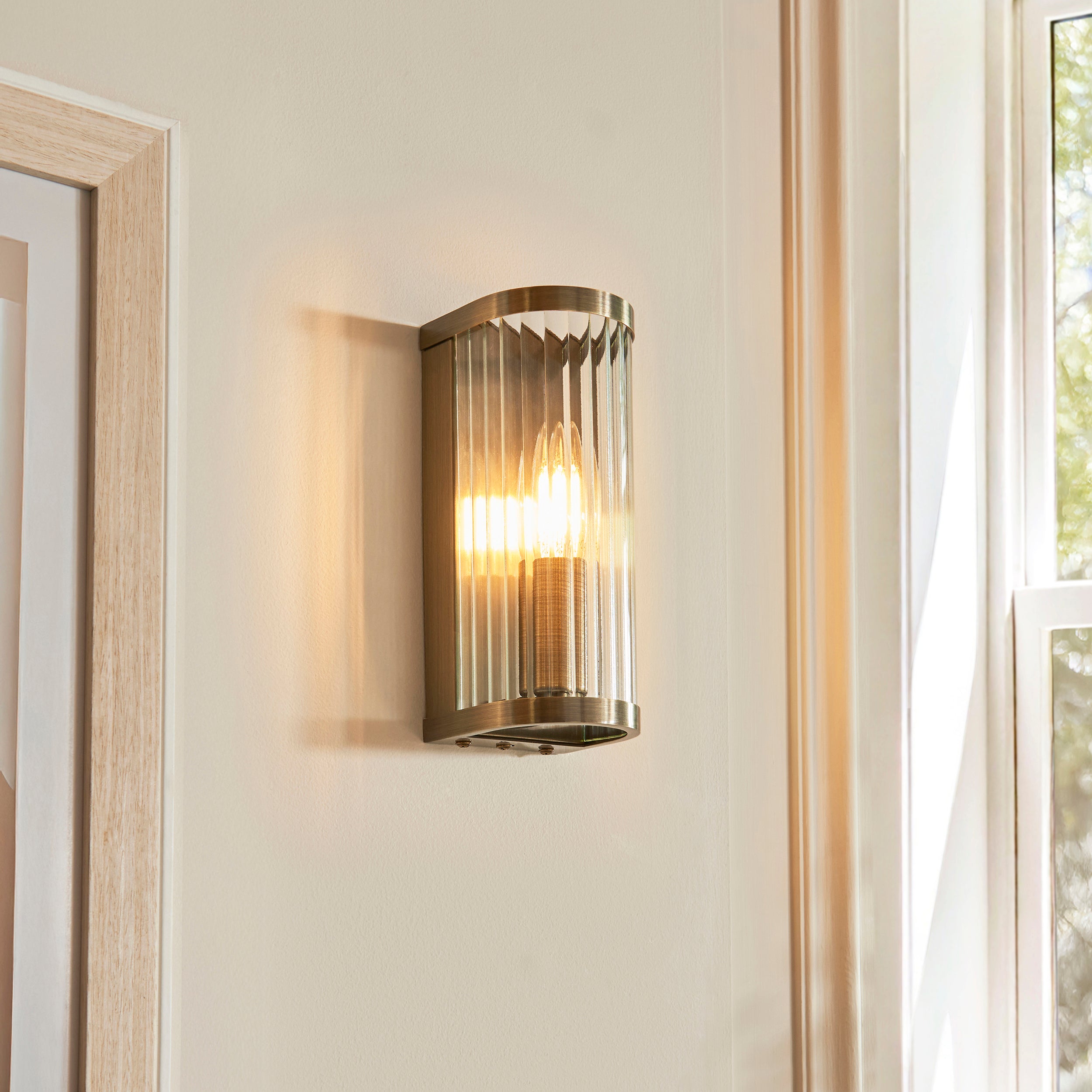 Endon Ridgeton Wall Light - Antique Brass Plate & Clear Ribbed Glass