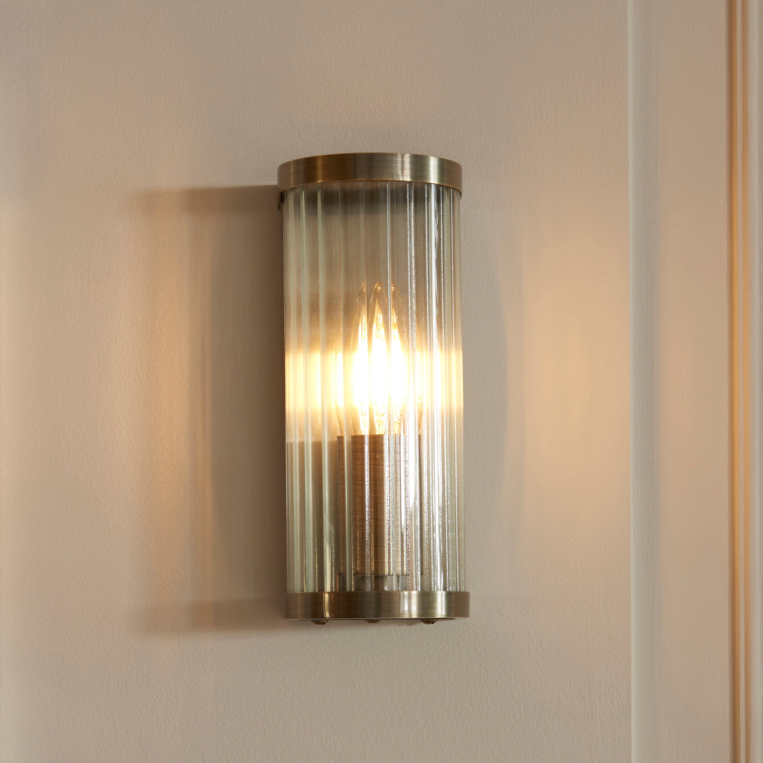 Endon Ridgeton Wall Light - Antique Brass Plate & Clear Ribbed Glass