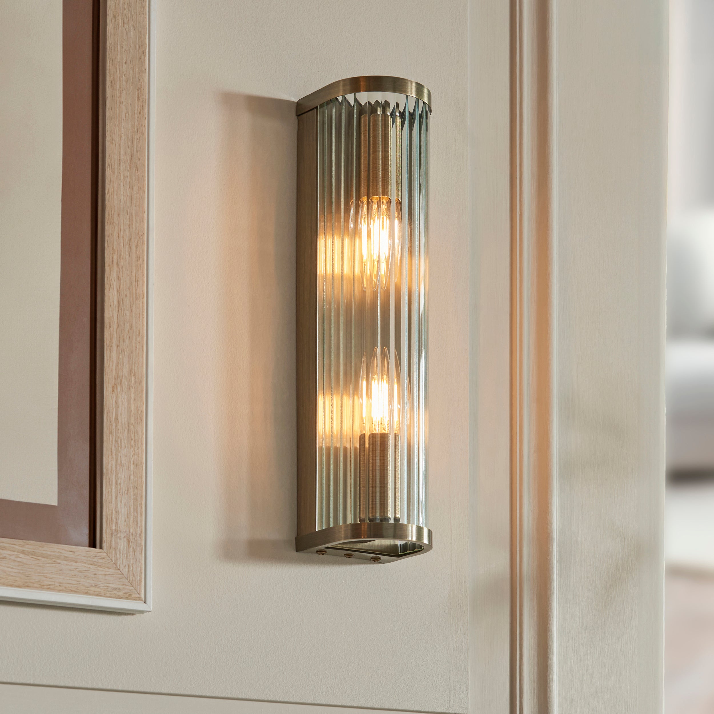 Endon Ridgeton 2 Light Wall Light - Antique Brass Plate & Clear Ribbed Glass