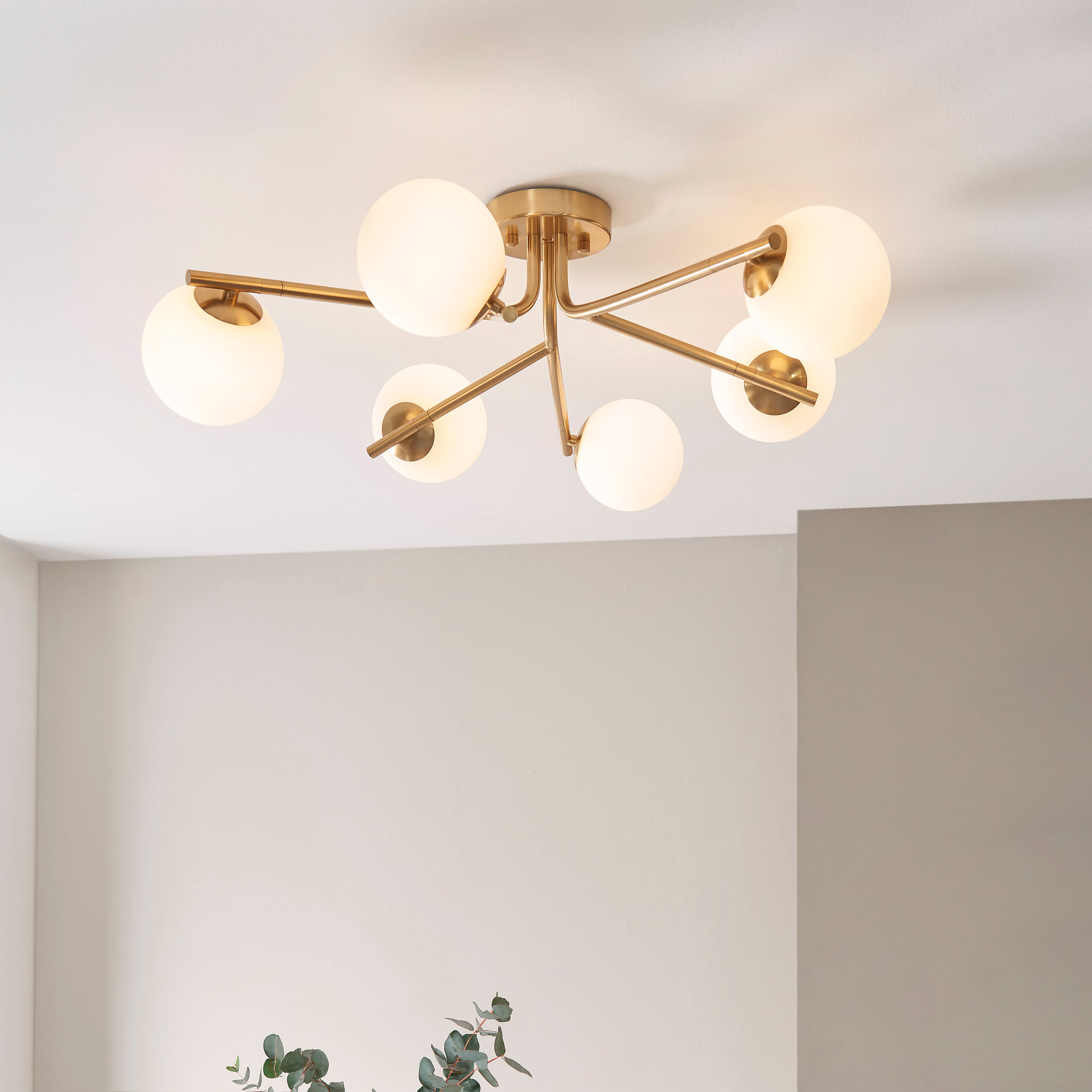 Endon Aaron 6 Light Semi Flush Ceiling Light - Brushed Aged Brass Plate & Matt Opal Glass