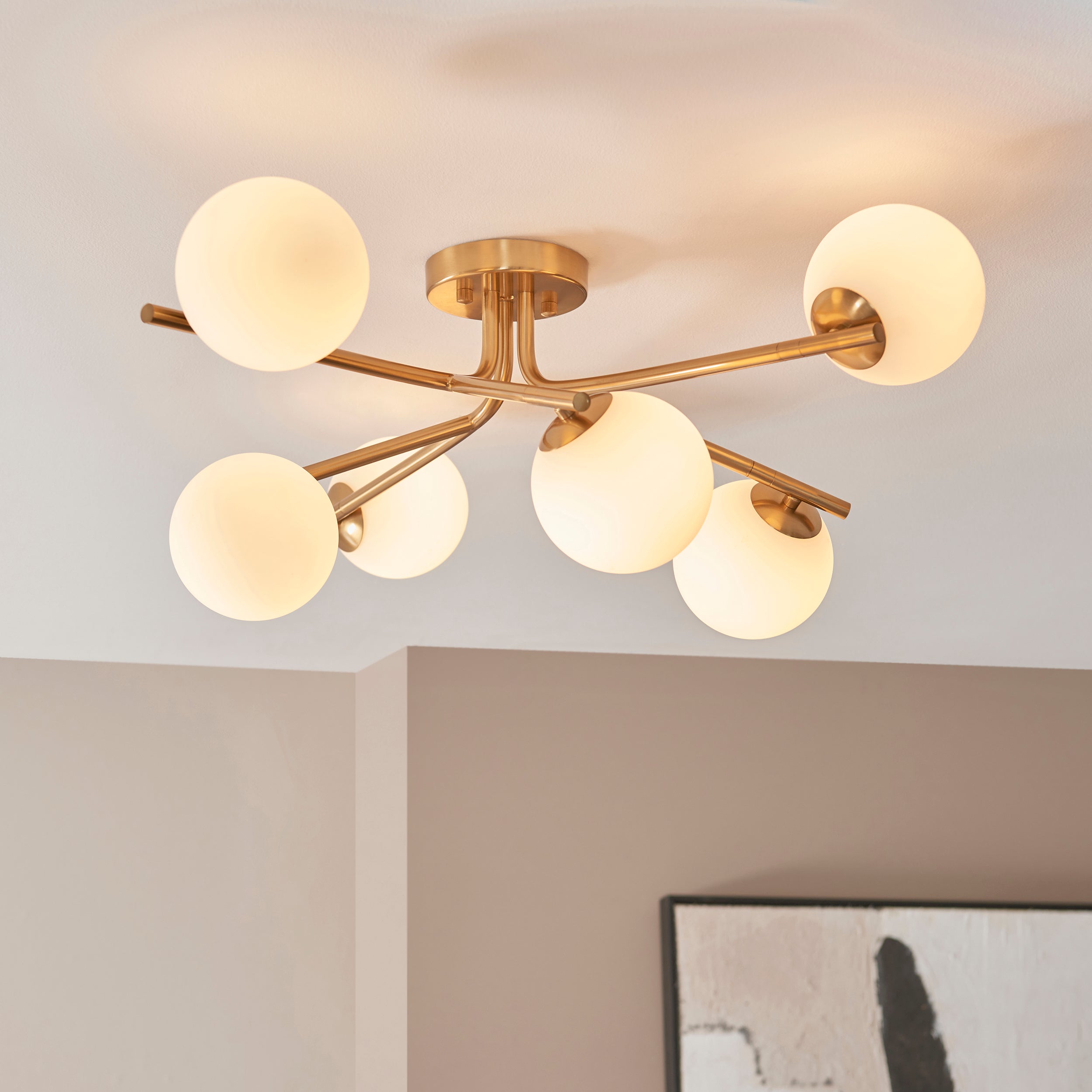 Endon Aaron 6 Light Semi Flush Ceiling Light - Brushed Aged Brass Plate & Matt Opal Glass