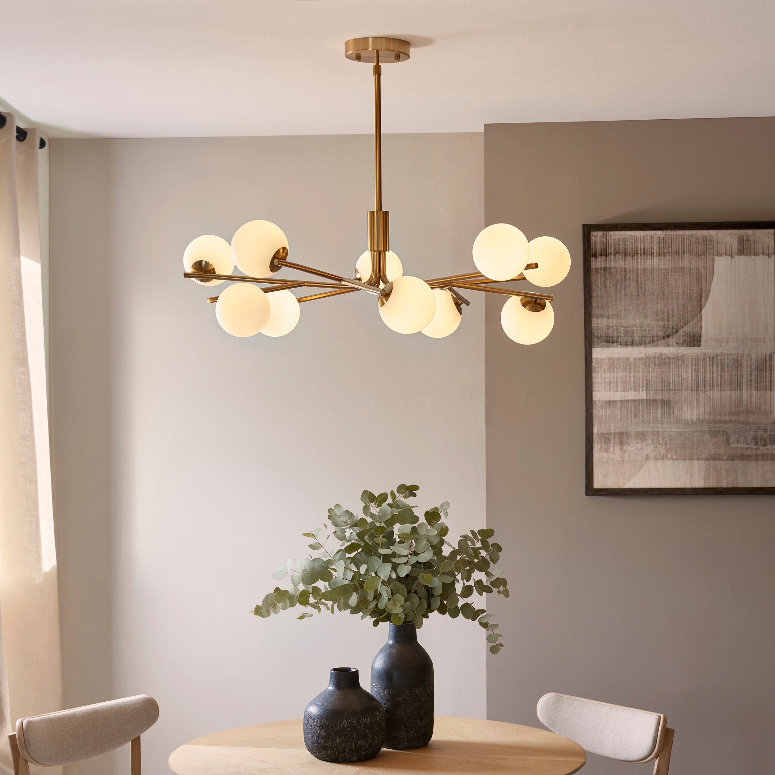 Endon Aaron 10 Light Pendant - Brushed Aged Brass Plate & Matt Opal Glass