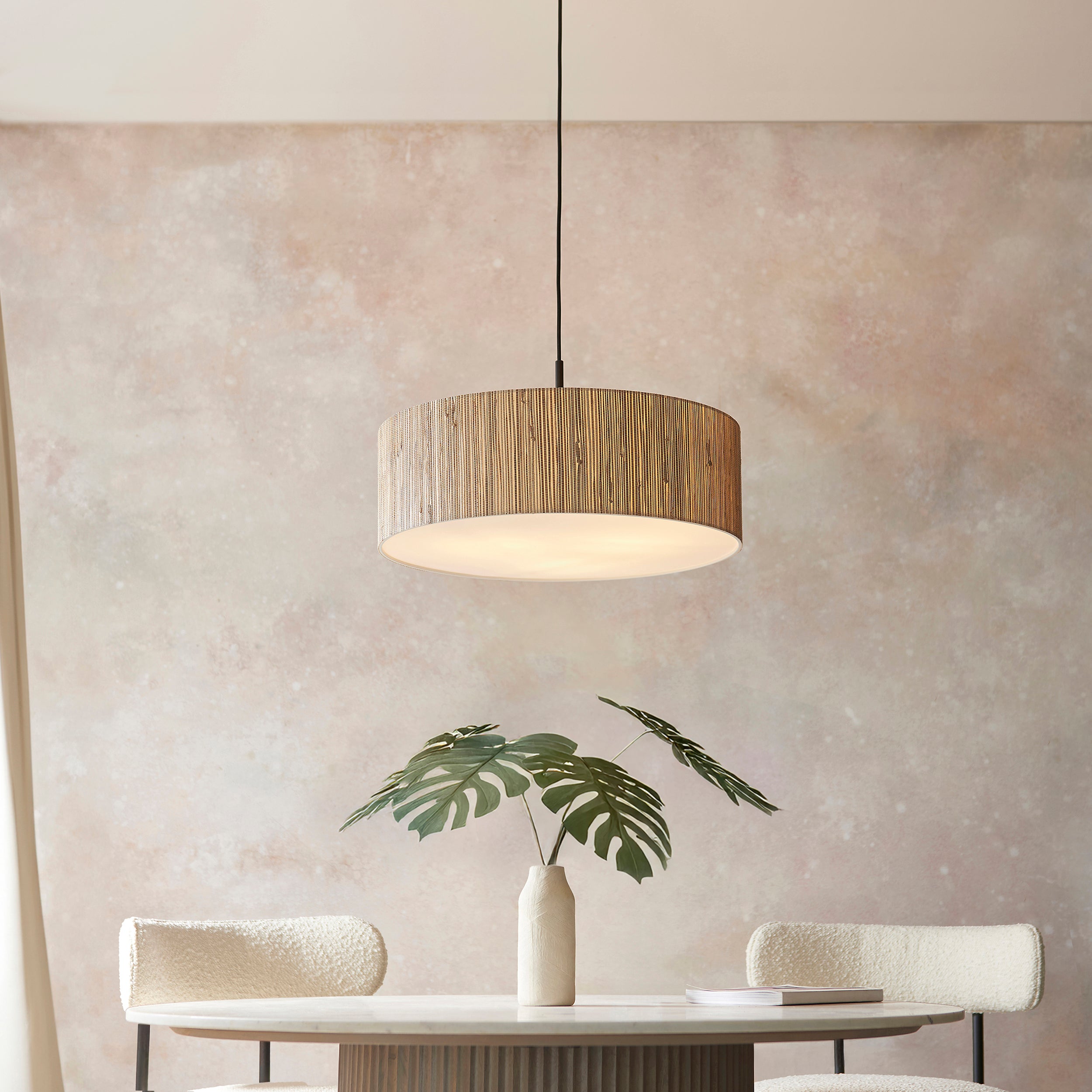 Endon Longshore 3 Light Pendant - Natural Seagrass, Matt Black & White Fabric