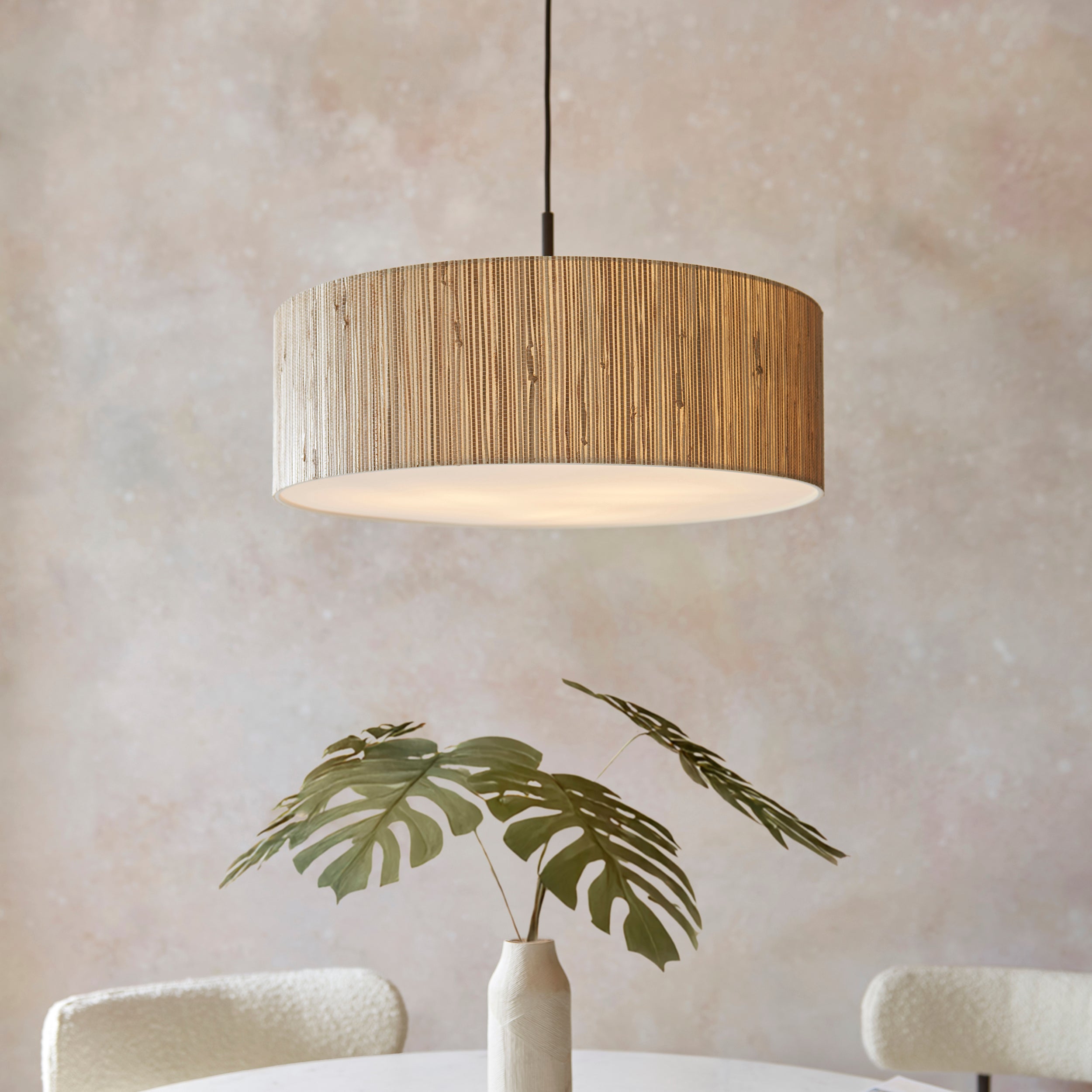 Endon Longshore 3 Light Pendant - Natural Seagrass, Matt Black & White Fabric