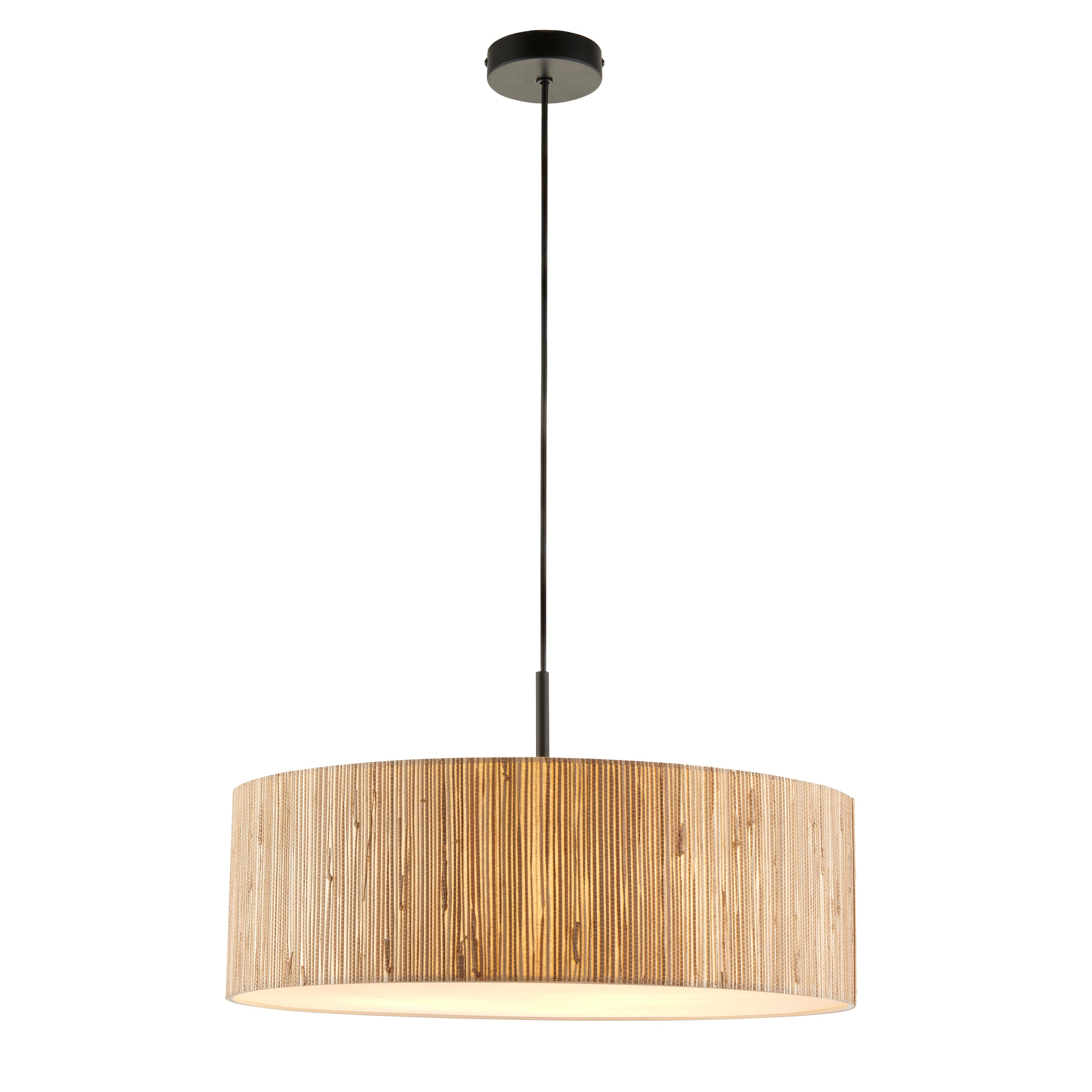 Endon Longshore 3 Light Pendant - Natural Seagrass, Matt Black & White Fabric