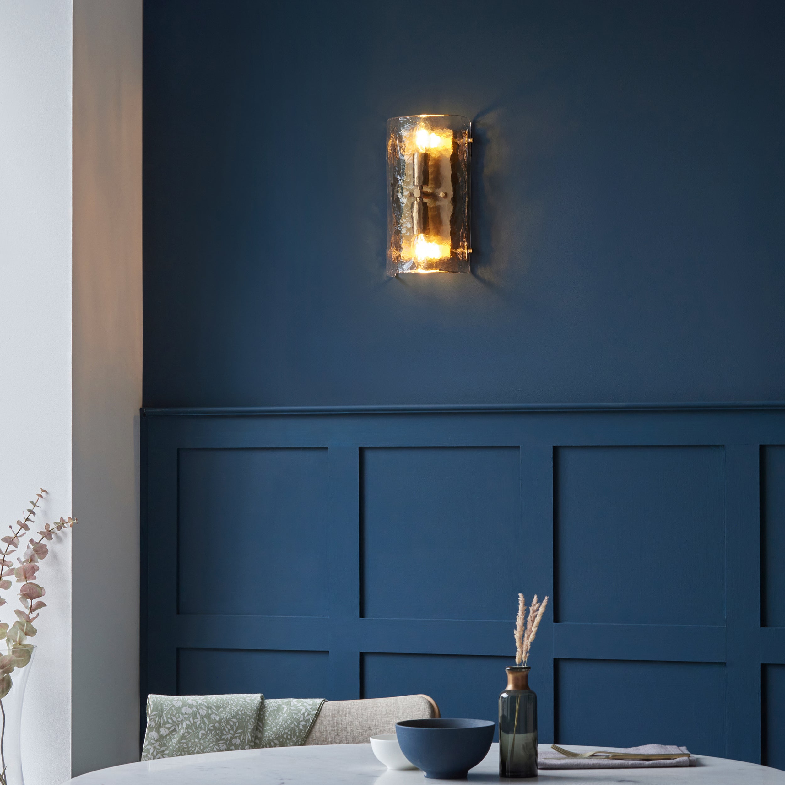 Endon Keller 2 Light Wall Light - Brushed Aged Brass Plate & Handmade Textured Clear Glass