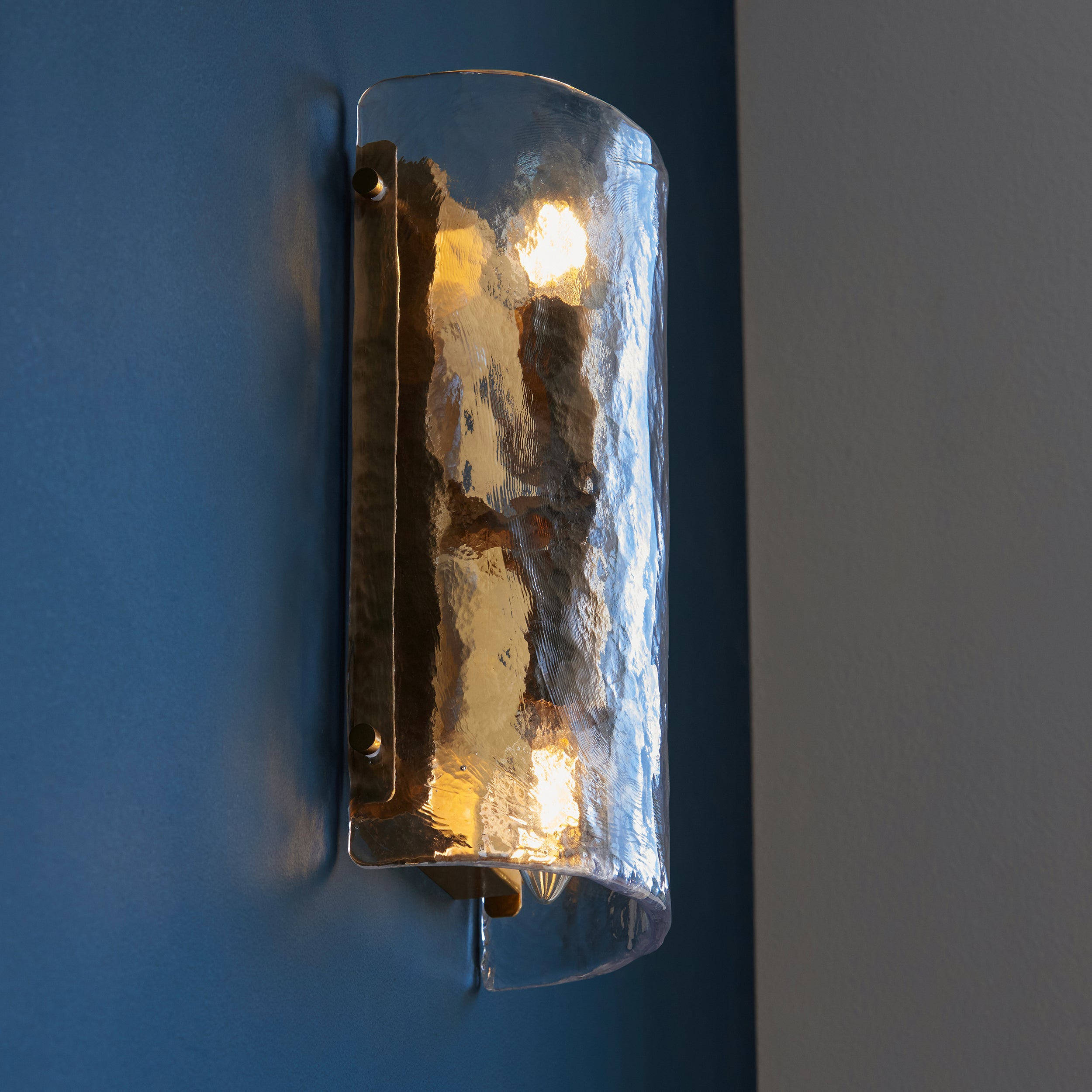 Endon Keller 2 Light Wall Light - Brushed Aged Brass Plate & Handmade Textured Clear Glass