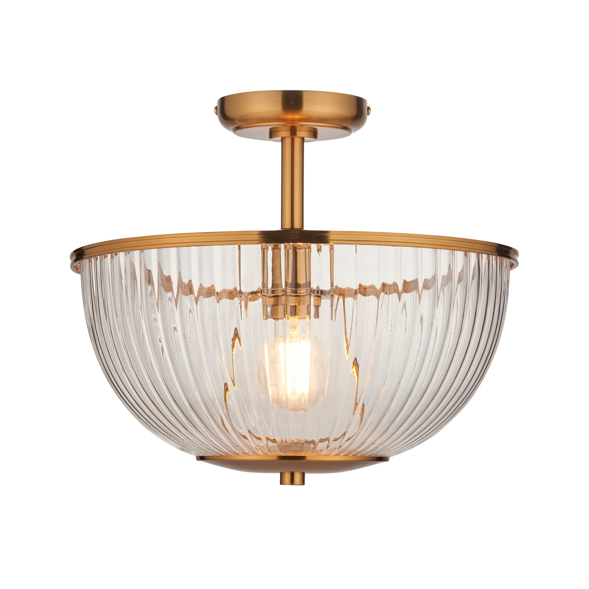 Endon Somerset Uplighter Flush Ceiling Light - Vintage Brass Finish & Clear Ribbed Glass