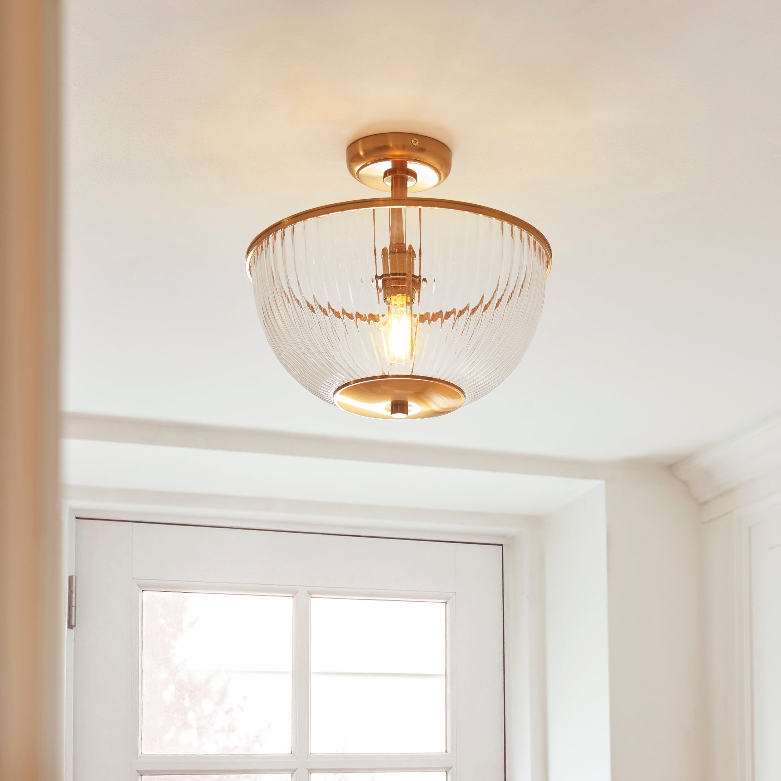 Endon Somerset Uplighter Flush Ceiling Light - Vintage Brass Finish & Clear Ribbed Glass