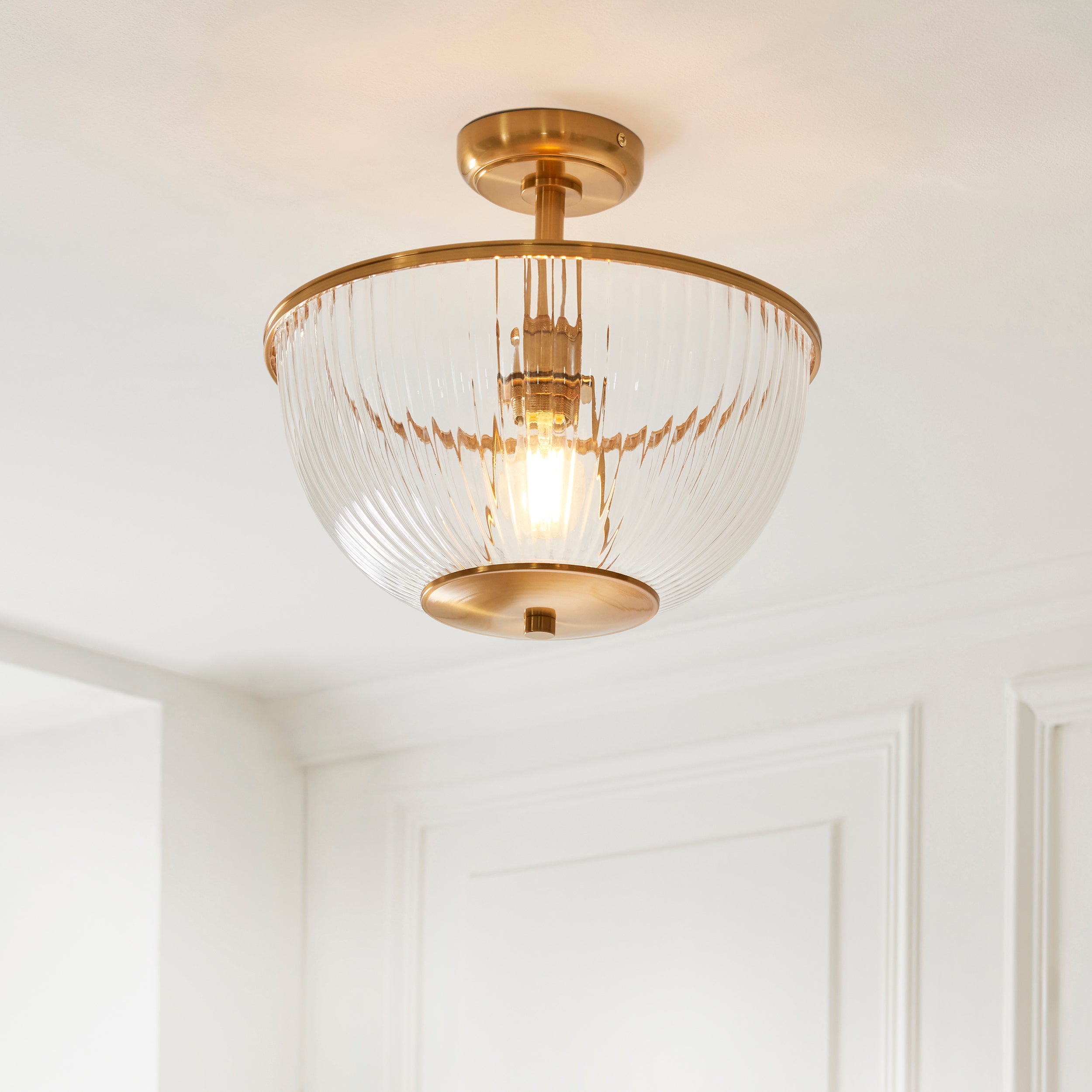 Endon Somerset Uplighter Flush Ceiling Light - Vintage Brass Finish & Clear Ribbed Glass