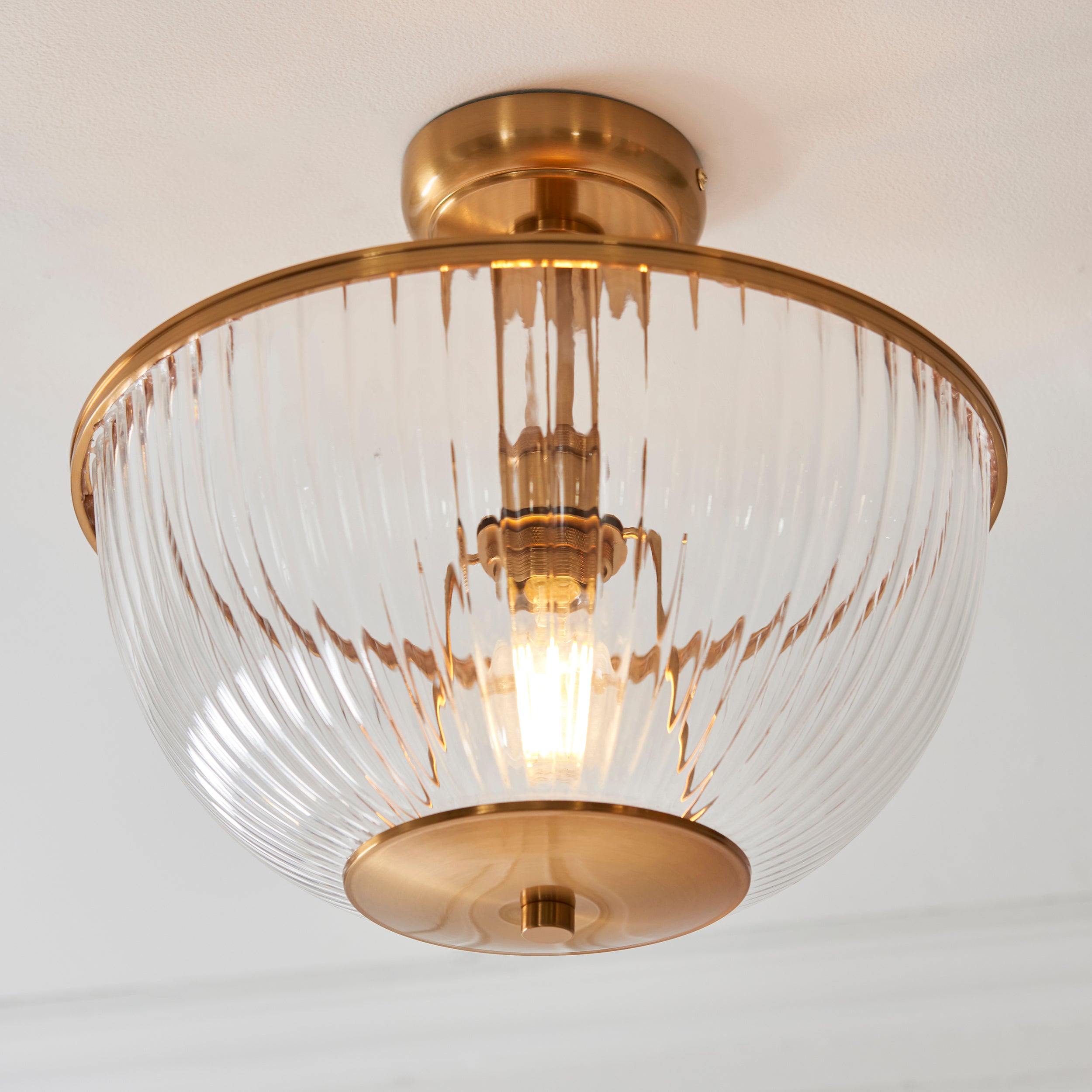 Endon Somerset Uplighter Flush Ceiling Light - Vintage Brass Finish & Clear Ribbed Glass