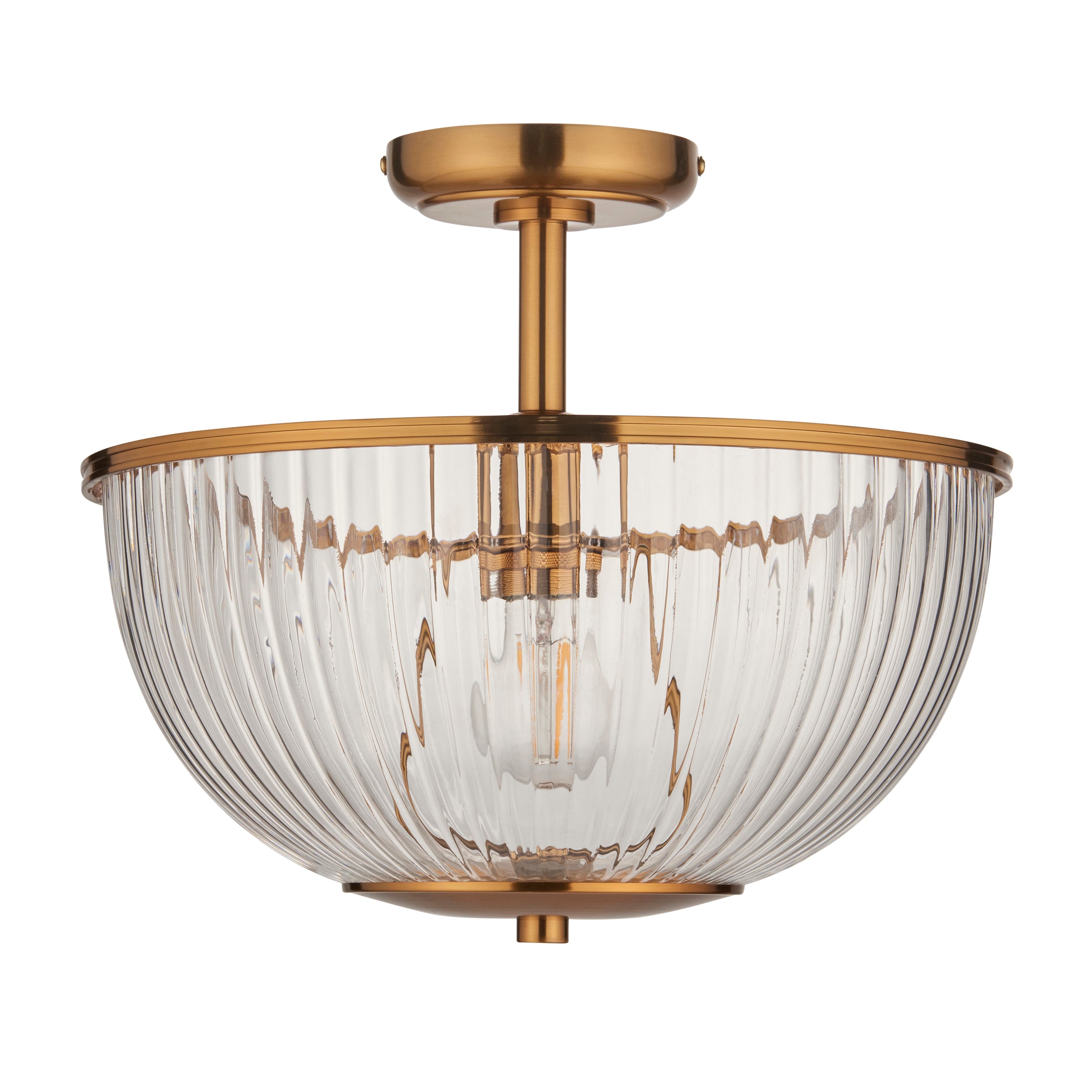 Endon Somerset Uplighter Flush Ceiling Light - Vintage Brass Finish & Clear Ribbed Glass