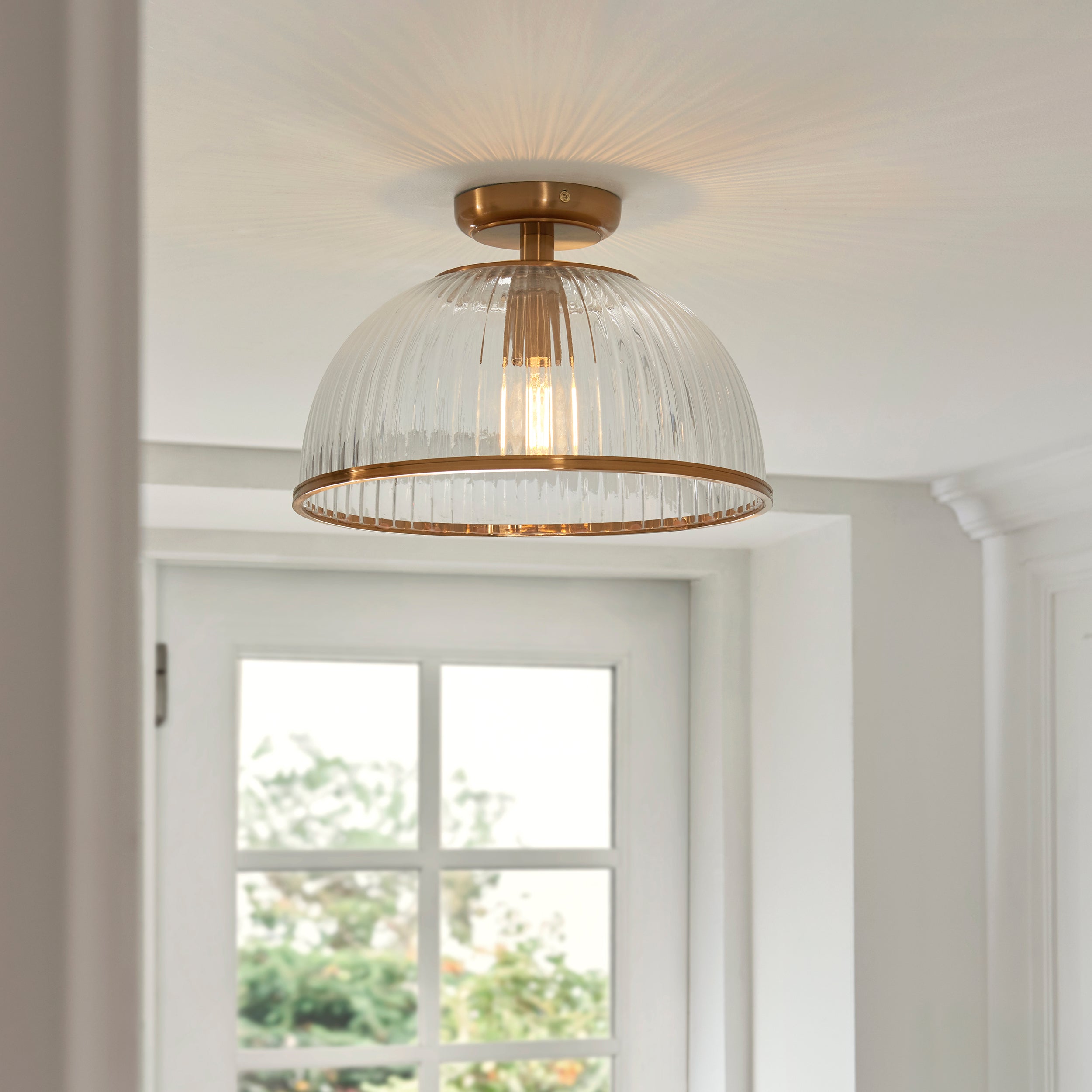 Endon Somerset Downlight Flush Ceiling Light - Vintage Brass Finish & Clear Ribbed Glass