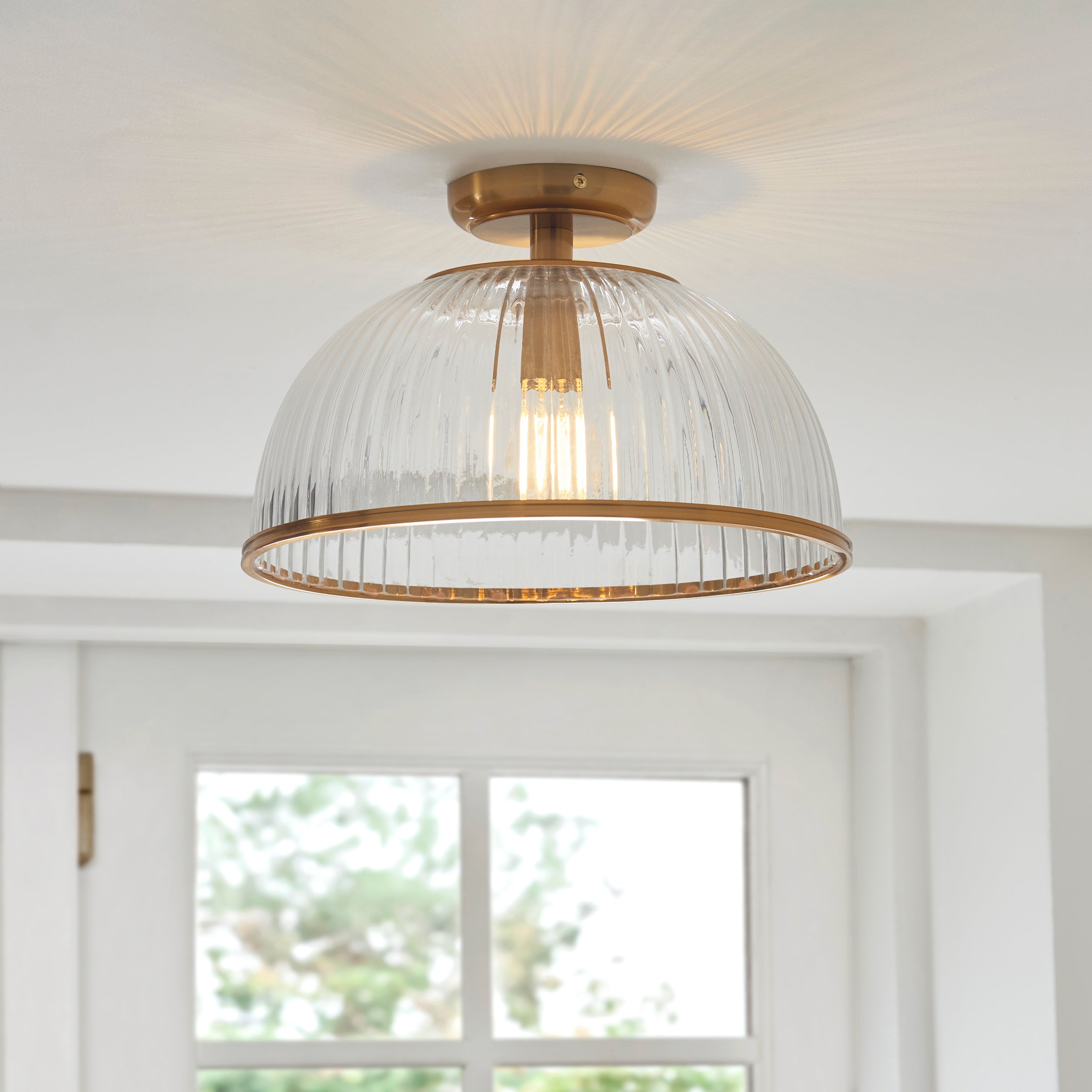 Endon Somerset Downlight Flush Ceiling Light - Vintage Brass Finish & Clear Ribbed Glass