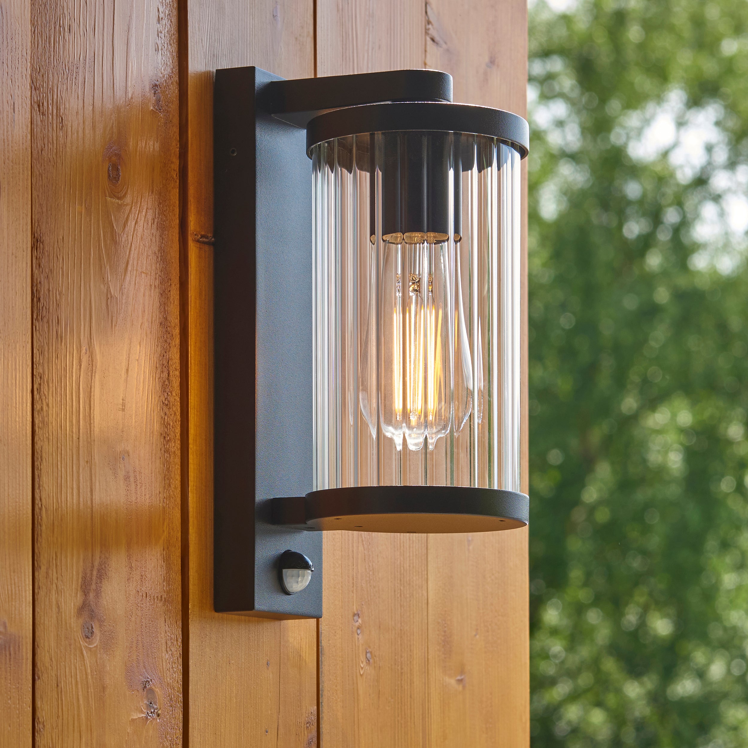 Endon Newcombe Pir Wall Light - Matt Black & Clear Ribbed Glass