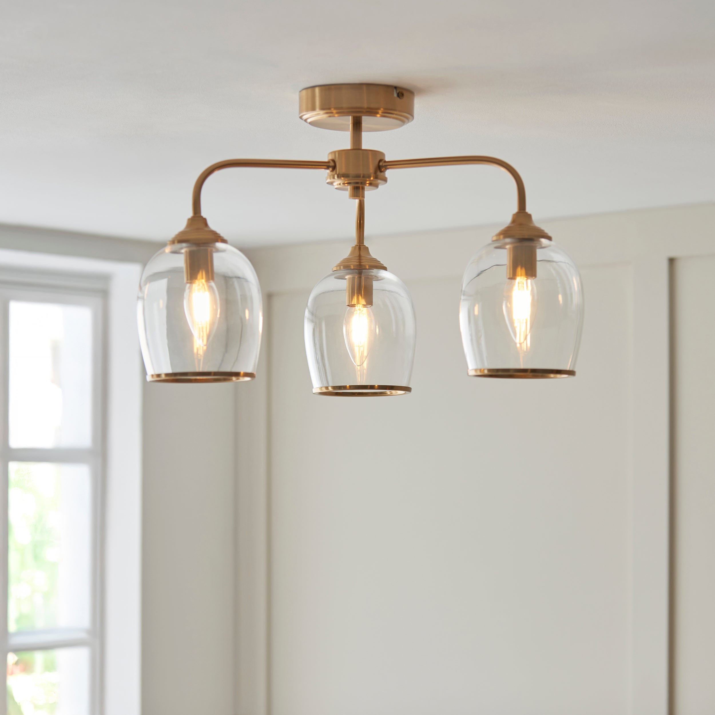 Endon Ashcroft 3 Light Semi Flush Ceiling Light - Brushed Aged Brass Plate & Clear Glass